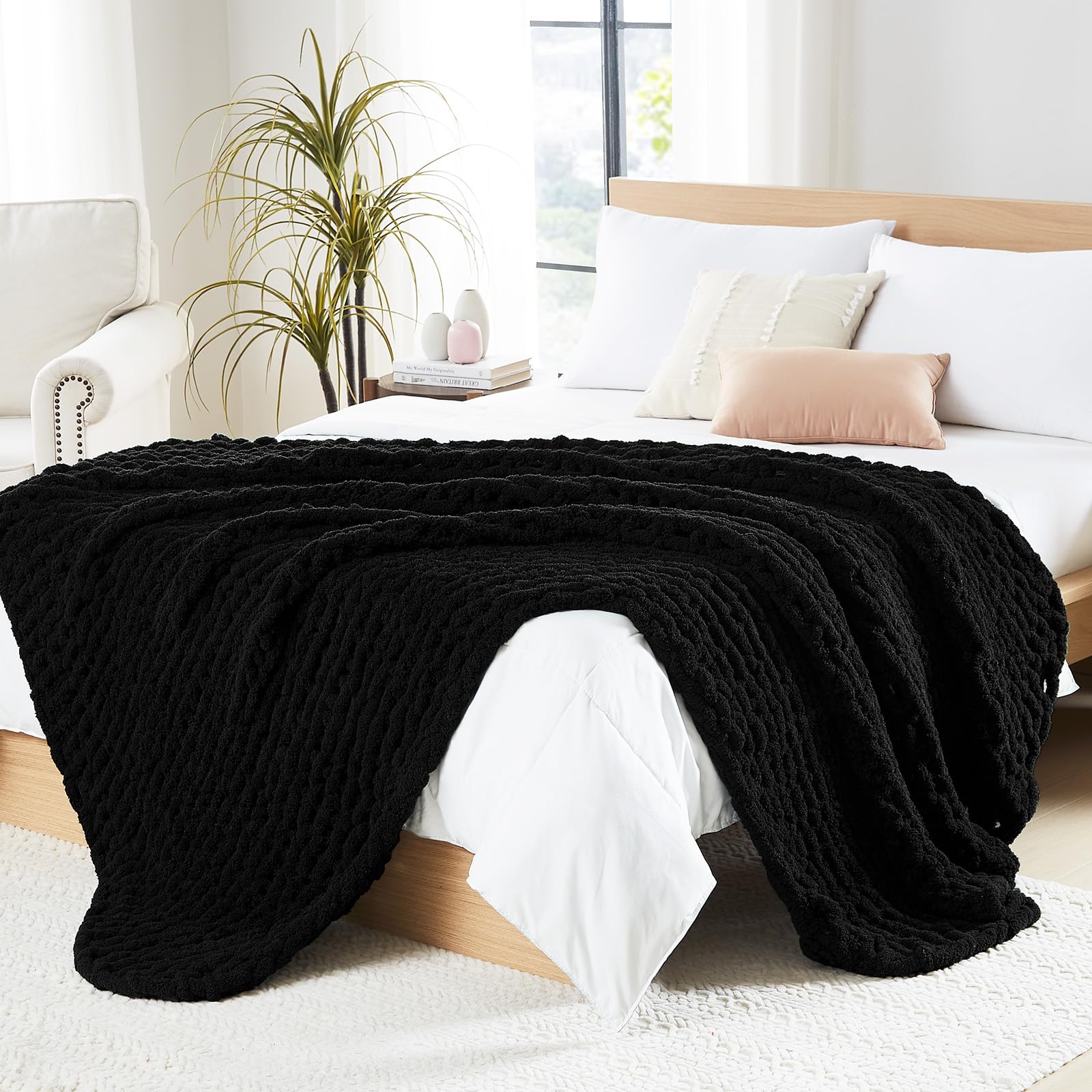L'AGRATY Chunky Knit Blanket Throw,Soft Chenille Yarn Throw Blanket 50x60，Handmade Cable Knit Crochet Blanket,Large Knit Blankets Chunky Yarn,Rope Knot Throw Blanket for Couch Sofa Bed Home Decor