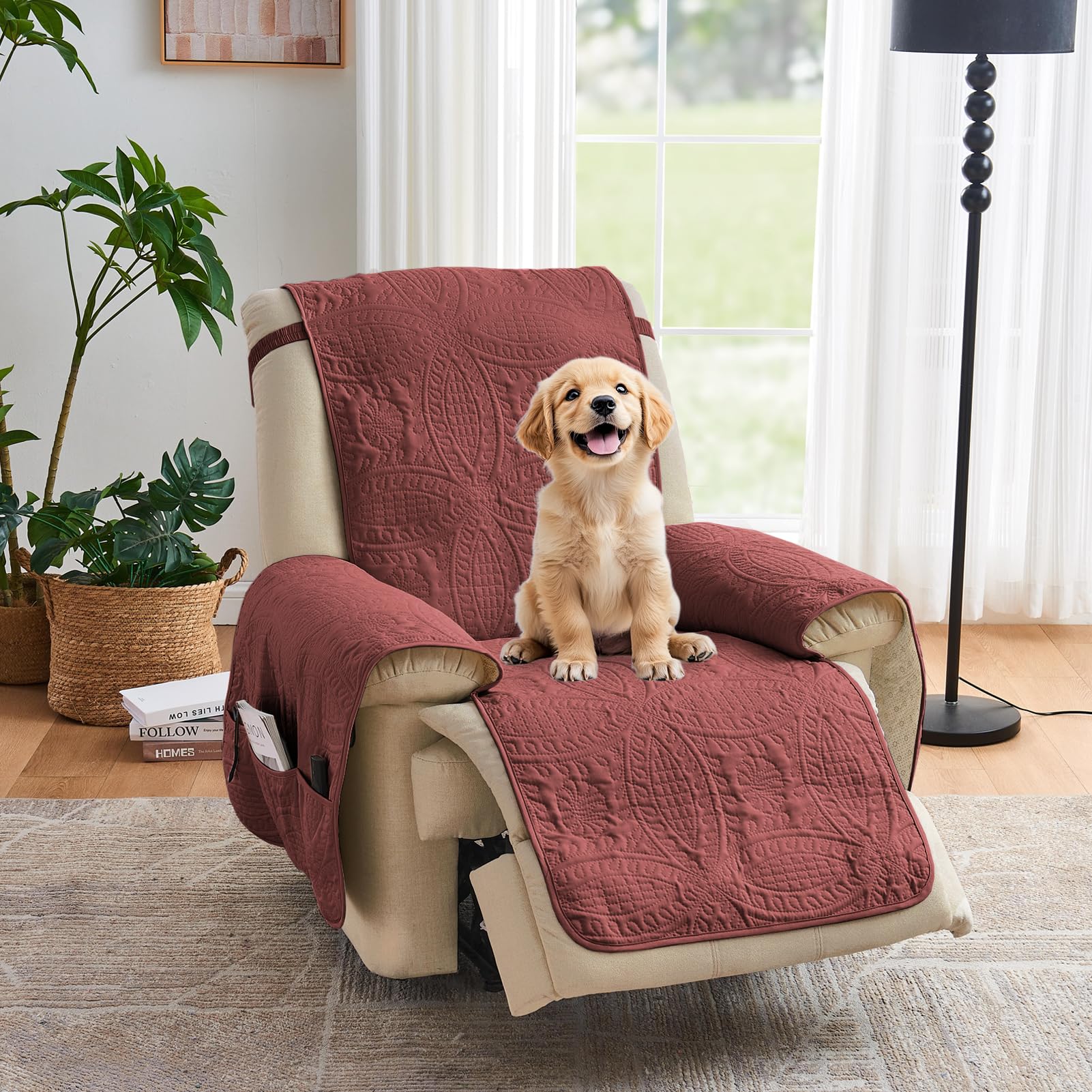 Quilted Sofa Slipcovers with Pockets, Anti-Slip Medallion Designed Couch Covers for 3 Cushion Sofa, Couch Cover for Dogs Cats Water-Repellent Machine Washable (Large Sofa 68", Ivory White)