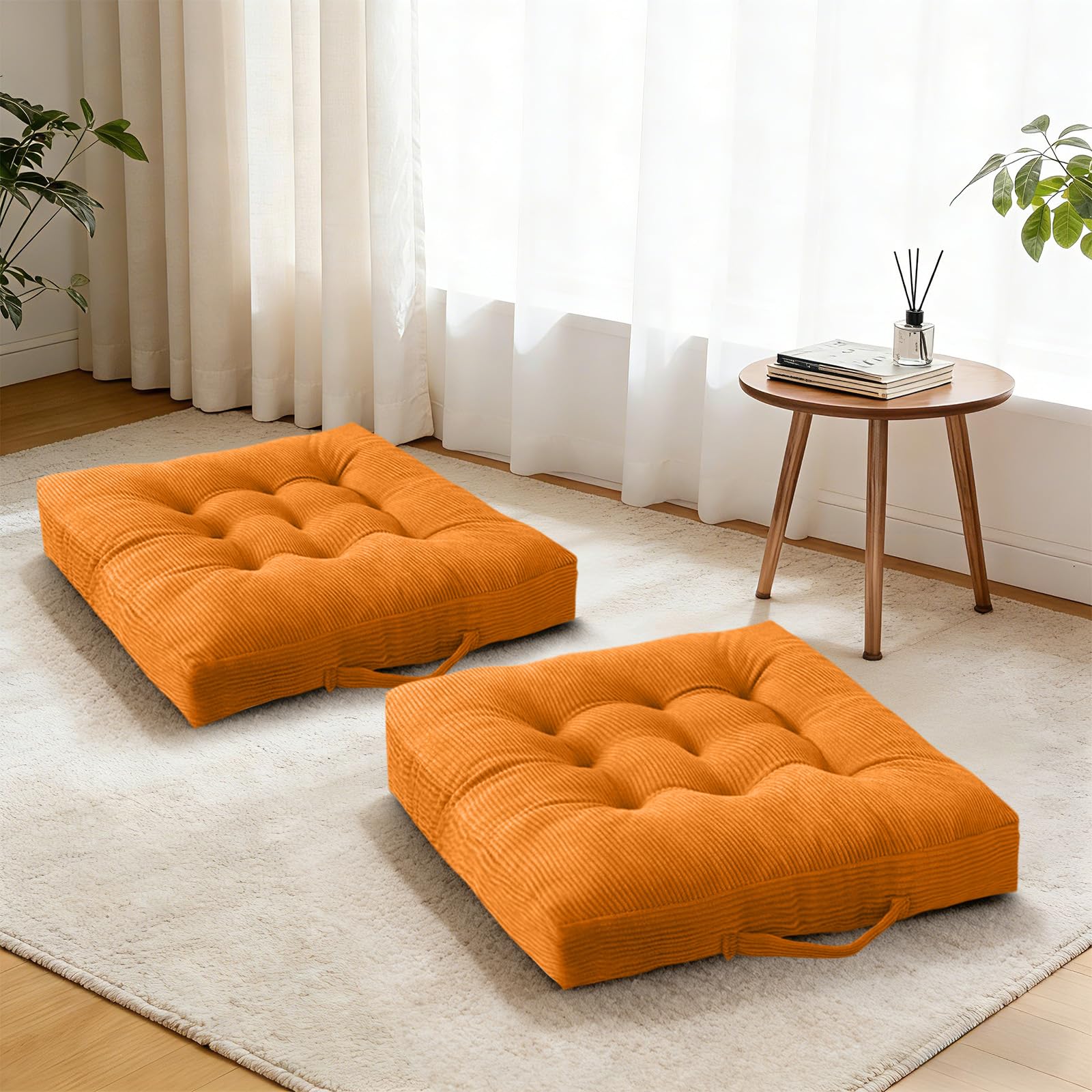 Set of 2 Beige Tufted Velvet Floor Seat Cushions 18×18 Inch, Washable Portable Chair Pads with Handle