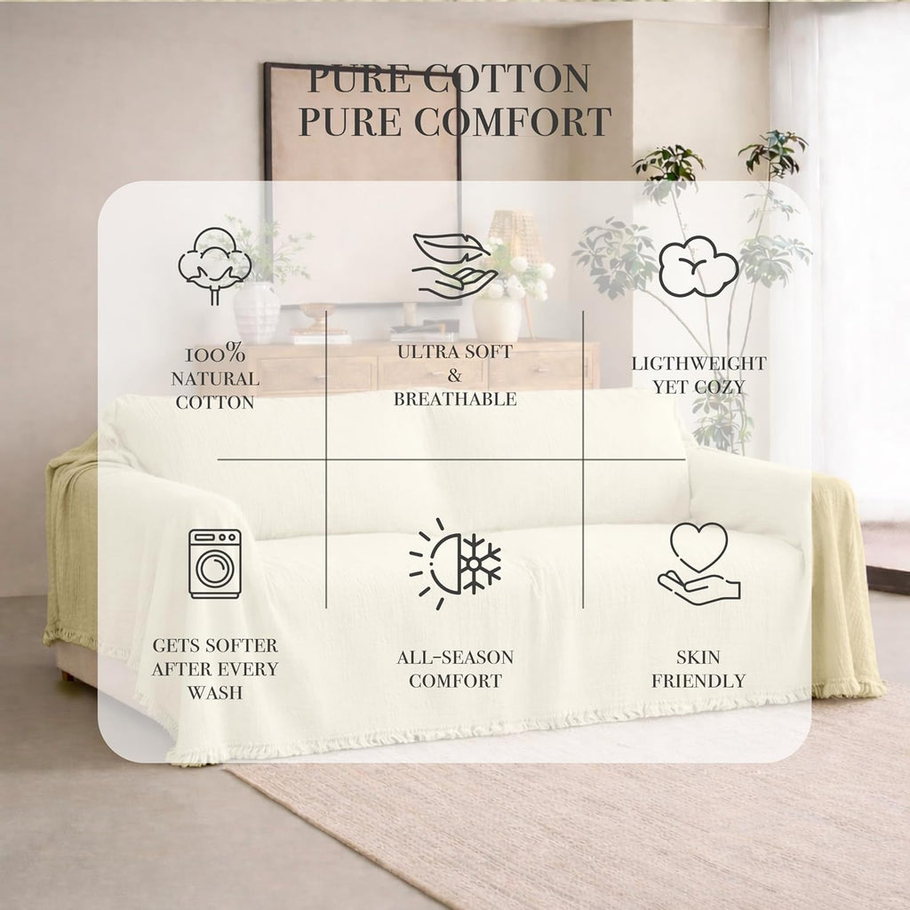 Washable Sofa Cover%100 Pure Cotton, Cream Couch Covers for Loveseat, Futon, Sofa, Sectional L Shape, U Shape, 4 Layered Natural Muslin Cloud Like Boho Couch Cover (Cream, 70x98/177x250cm)