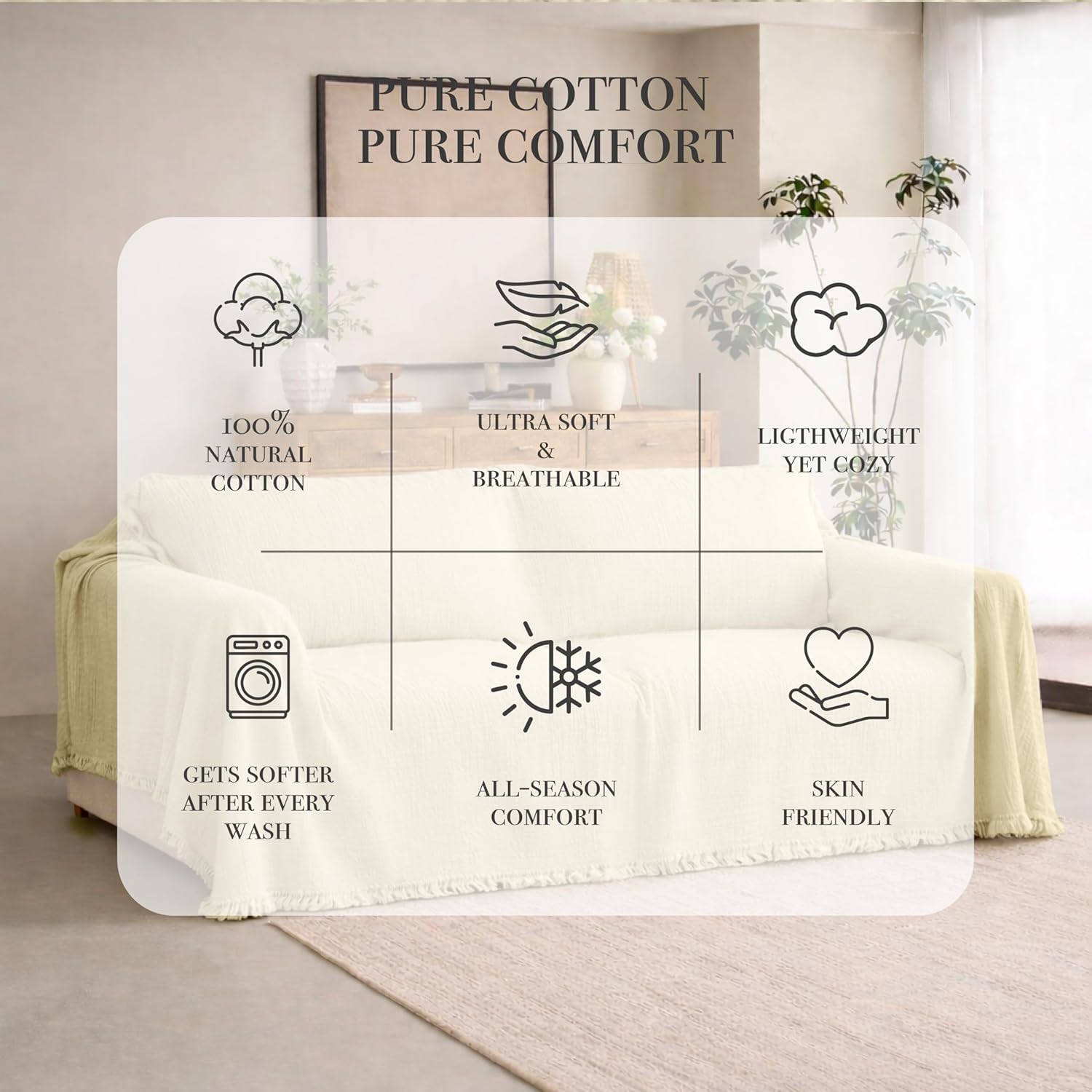 Washable Sofa Cover%100 Pure Cotton, Cream Couch Covers for Loveseat, Futon, Sofa, Sectional L Shape, U Shape, 4 Layered Natural Muslin Cloud Like Boho Couch Cover (Cream, 70x98/177x250cm)