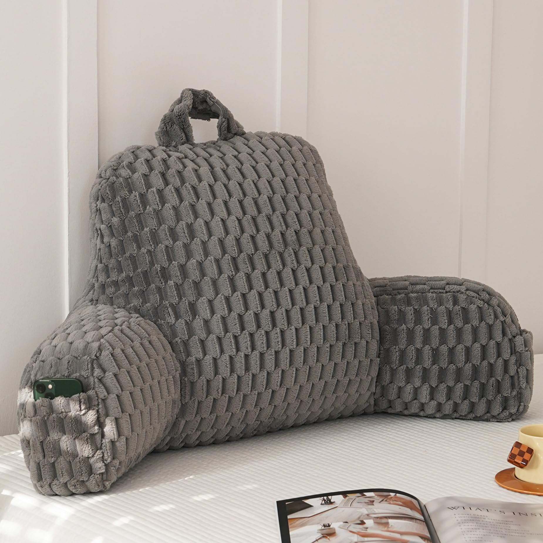 Fluffy Reading Pillow for Sitting in Bed, Large Backrest Bed Pillow with Arms, Back Support Pillow for Lounging Bedrest, Beige