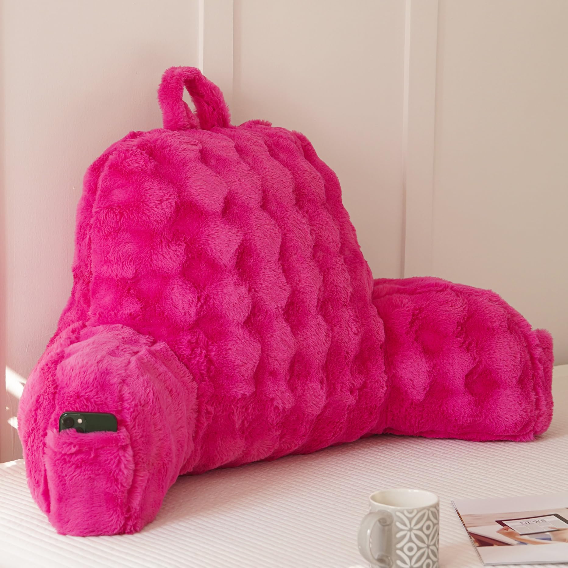 Faux Fur Reading Pillow for Sitting in Bed, Large Backrest Bed Pillow with Arms, Back Support Pillow for Lounging Bedrest, Pink