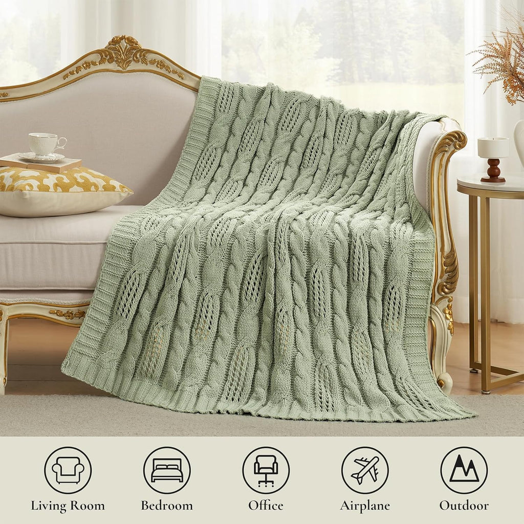 Amélie Home Chunky Knit Throw Blanket, Dual-Sided Soft Chenille Breathable Cable Knitted Blanket for Couch, Farmhouse Decorative Throw for Sofa & Chair, 50"x60", Sage Green