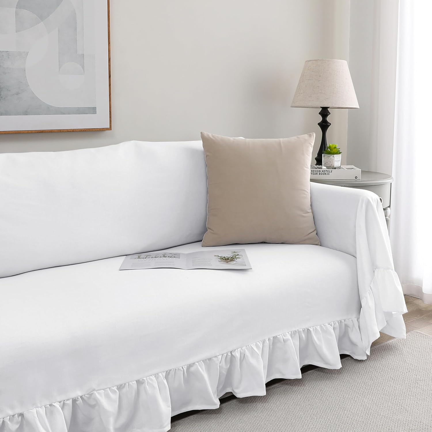 Rustic Linen Sofa Cover with Tie Strings, Full Couch Protector Durable Throw Slipcover Ruffled Edge (White, Large Sofa)
