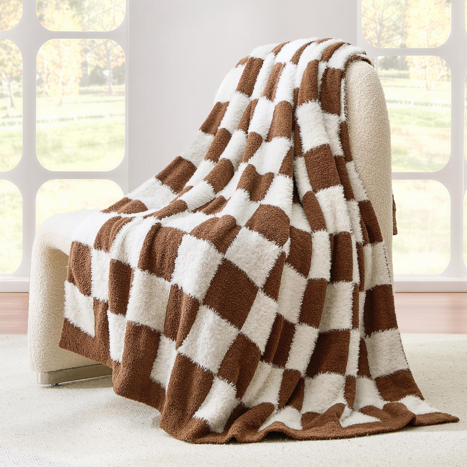 Snuggle Sac Sage Green Checkered Throw Blanket Faux Fur Knitted with Microfiber Yarn, Cozy Soft Warm Spring Blankets for Couch,Sofa,Bedroom,Sage Green Checker,50x60 inches