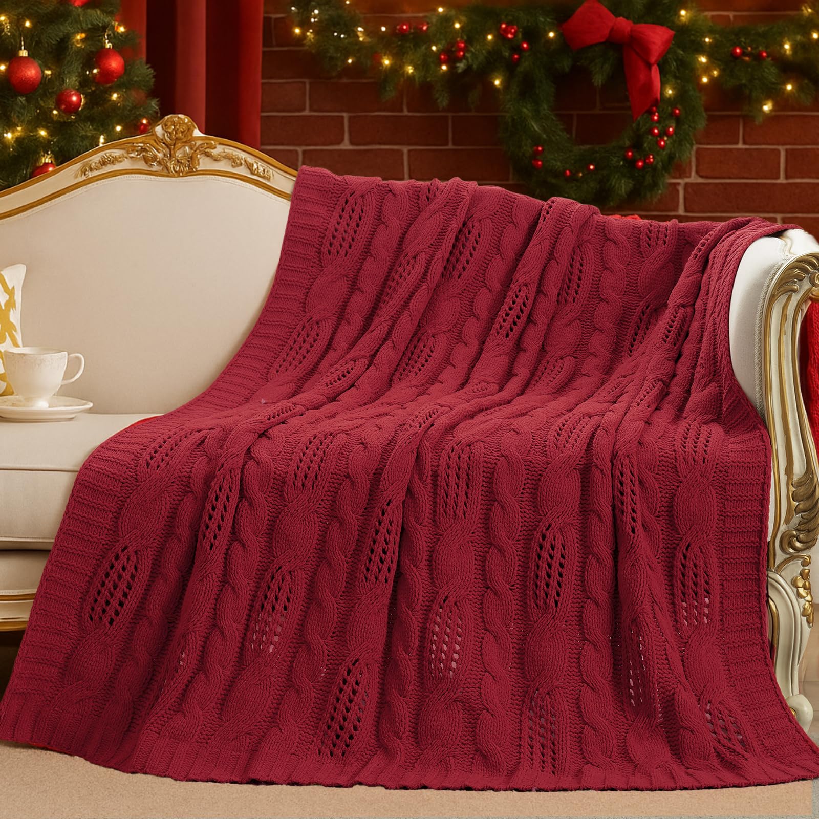 Amélie Home Chunky Knit Throw Blanket, Dual-Sided Soft Chenille Breathable Cable Knitted Blanket for Couch, Farmhouse Decorative Throw for Sofa & Chair, 50"x60", Sage Green