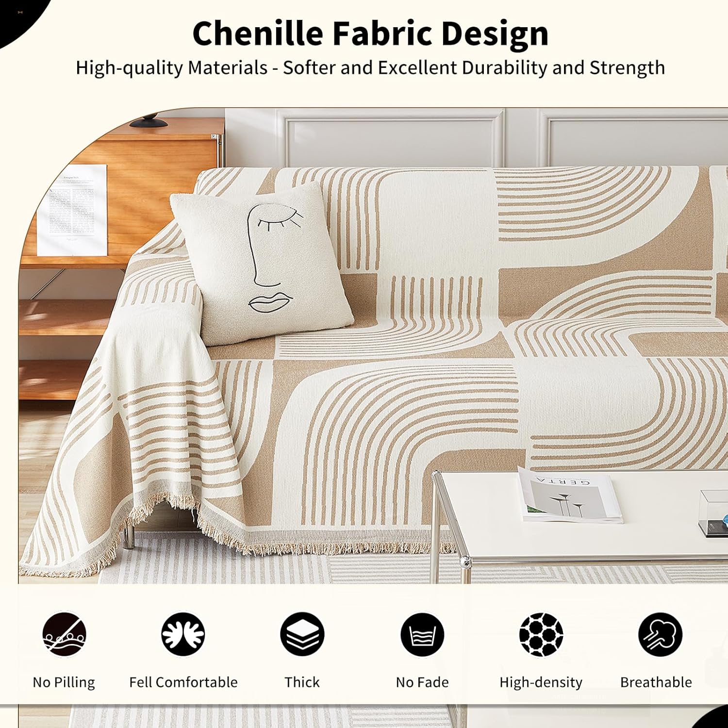 WEYOND Boho Couch Cover Sofa Covers Washable, Chenille Couch Covers for 3 Cushion Couch Sofa Pet Friendly, Bohemian Sofa Slipcovers for Sectional Sofa, Loveseat, 2 3 4 Seater (71" x 102", Khaki)