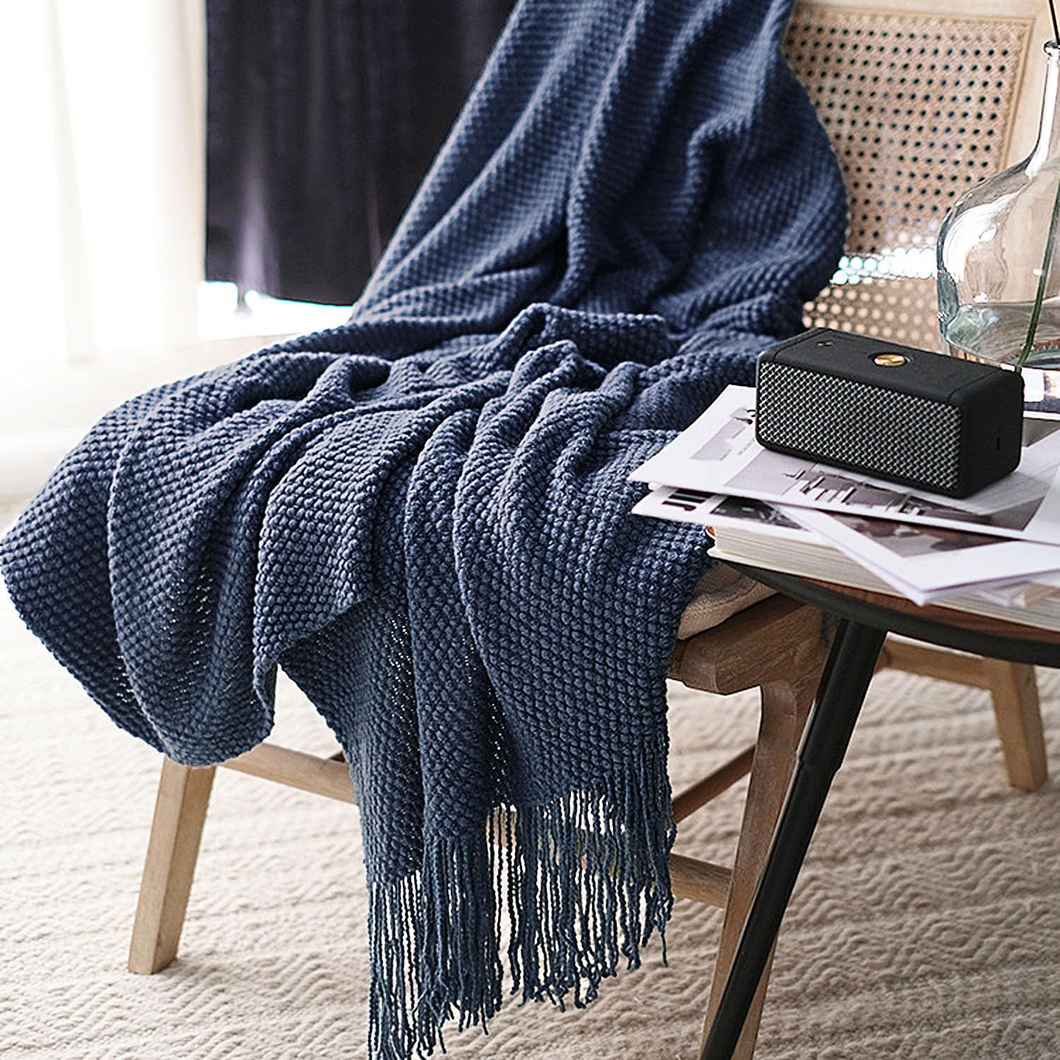 LOMAO Knitted Throw Blanket with Tassels Bubble Textured Lightweight Throws for Couch Cover Home Decor (Cream, 60x80)