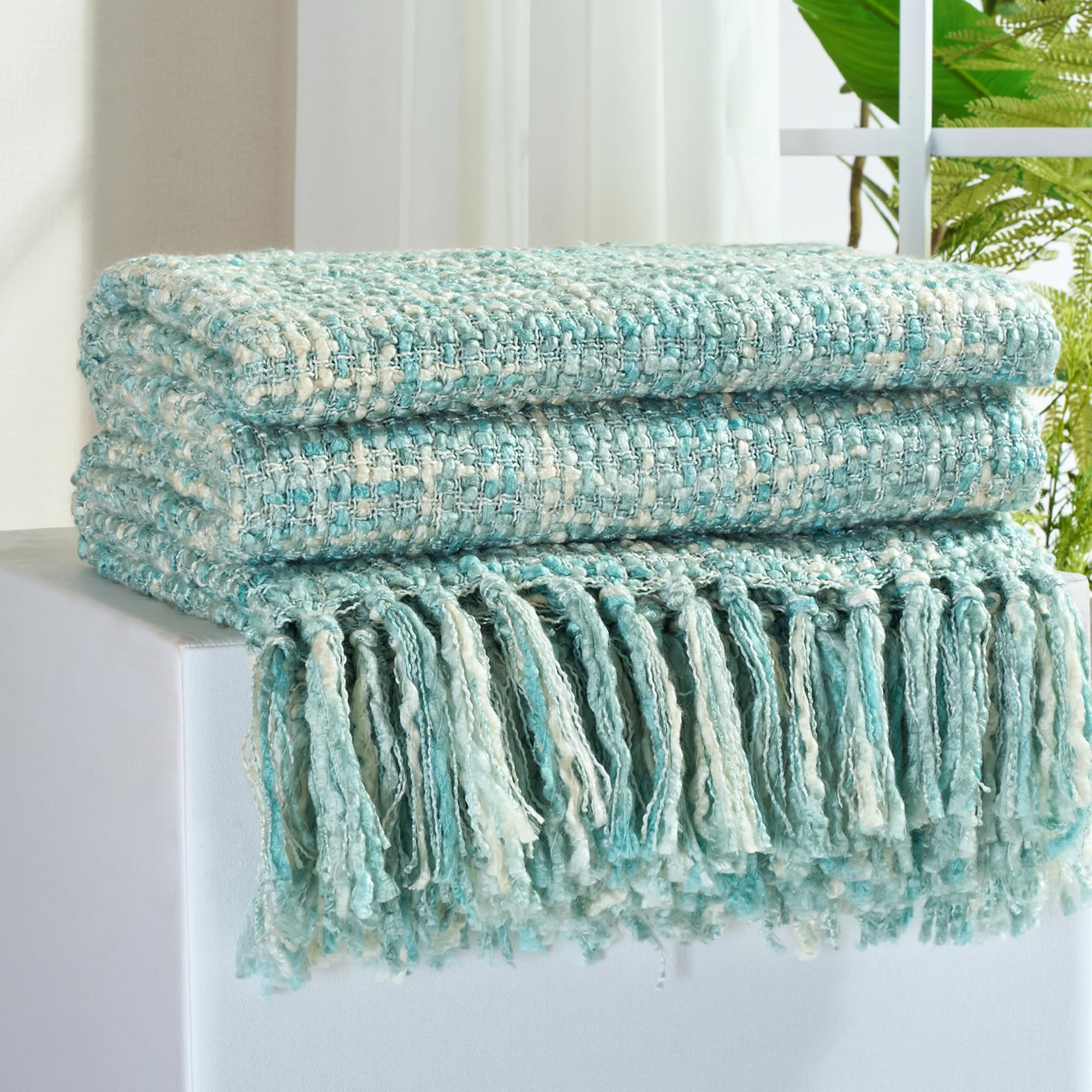 Multi-Color Gold Green Cable Woven Throw Blanket for Couch,50"X60" Boho Style Textured Blankets for Home Decor,Super Soft Warm Cozy Chunky Blanket with Decorative Tassels for Bed