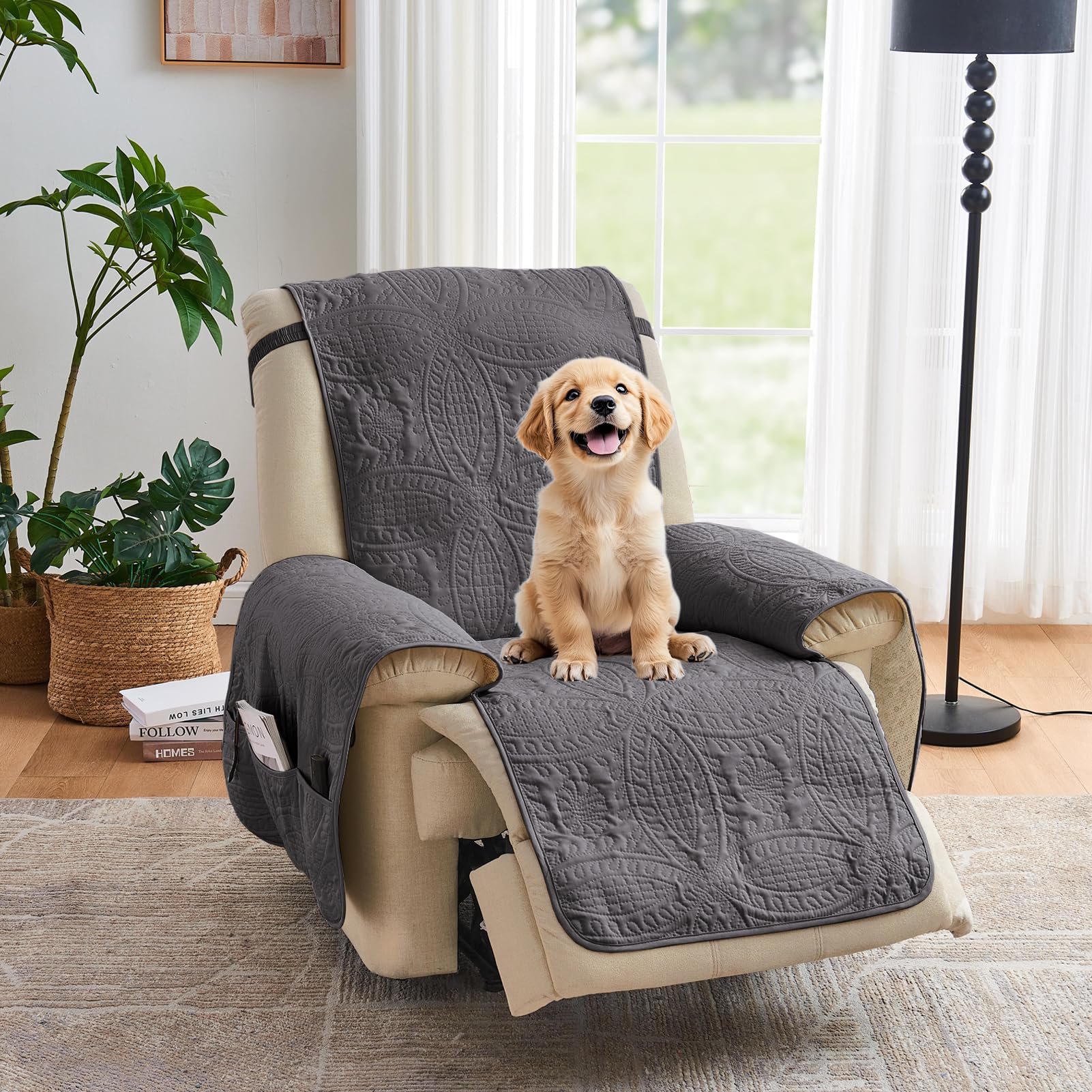 Quilted Sofa Slipcovers with Pockets, Anti-Slip Medallion Designed Couch Covers for 3 Cushion Sofa, Couch Cover for Dogs Cats Water-Repellent Machine Washable (Large Sofa 68", Ivory White)