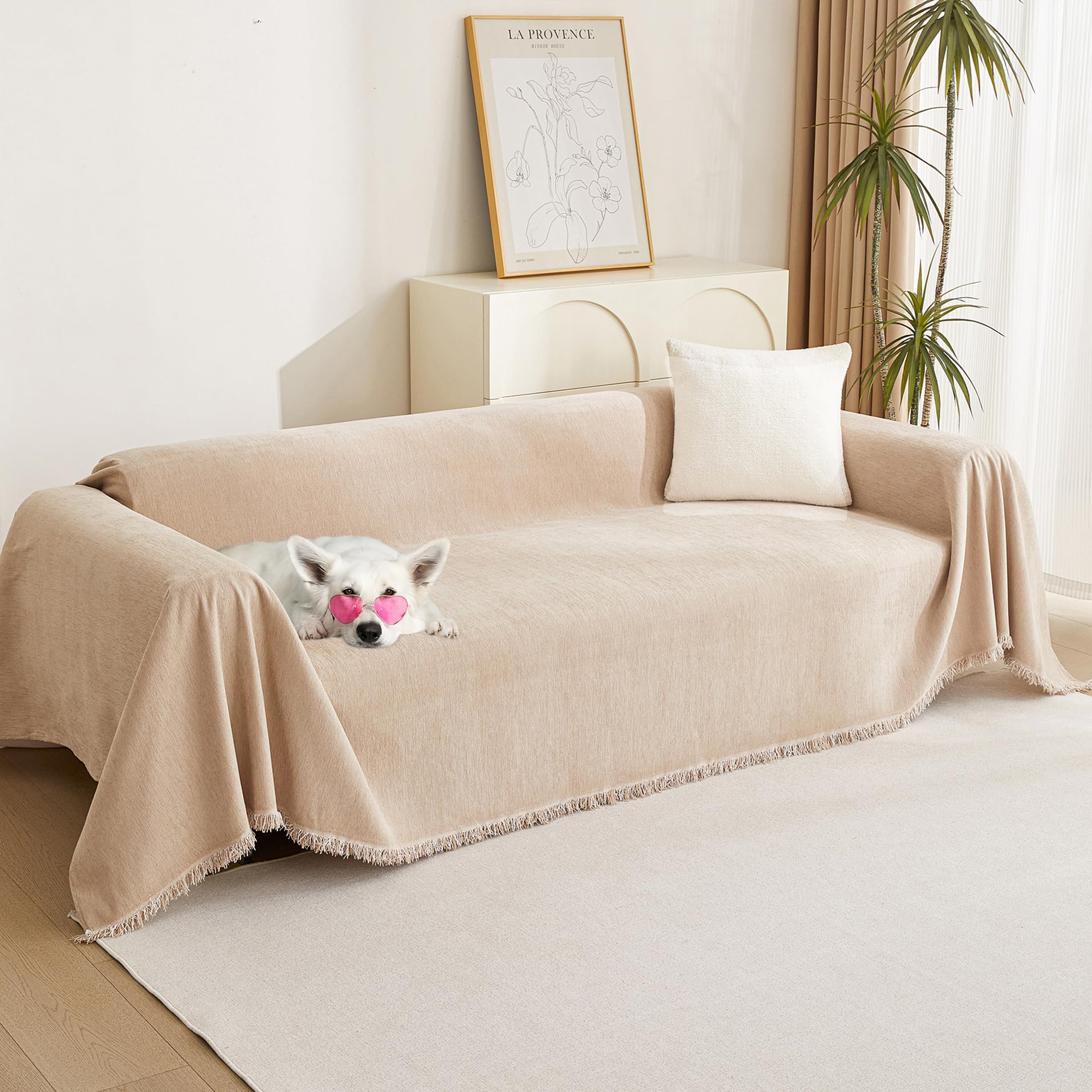 MYSKY HOME Couch Cover for Pets, Beige Couch Covers for 2 Cushion Couch Sofa, Sofa Slipcover Sectional L Shape Chenille Covers for Pets, Throw Couch for Dogs, Kids,71" X118"