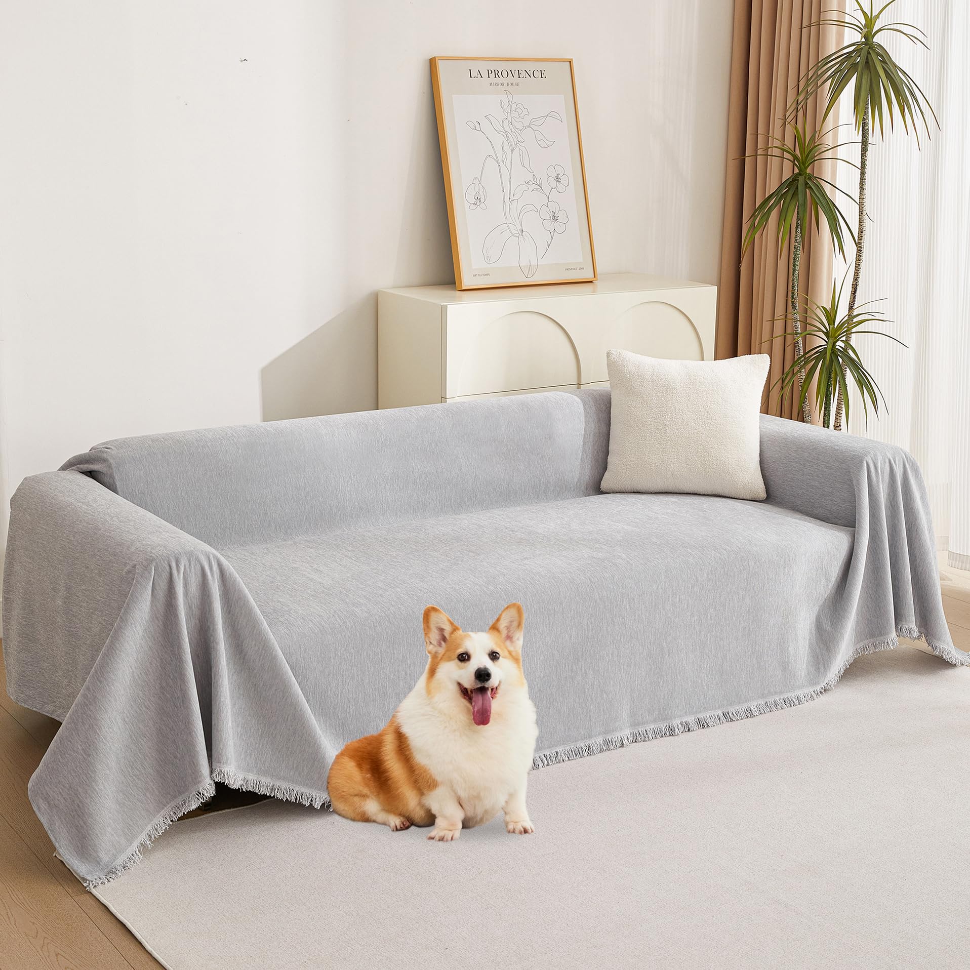 MYSKY HOME Couch Cover for Pets, Beige Couch Covers for 2 Cushion Couch Sofa, Sofa Slipcover Sectional L Shape Chenille Covers for Pets, Throw Couch for Dogs, Kids,71" X118"