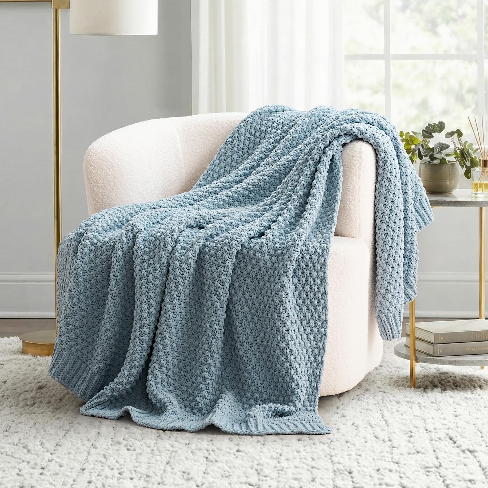 EVERGRACEHOME Chunky Chenille Knit Throw Blanket for Couch, Soft Luxurious Moss Stitch Blankets for Bed, Cozy Decorative Farmhouse Knitted Throws for Sofa, Stormy Blue, 60" x 80"