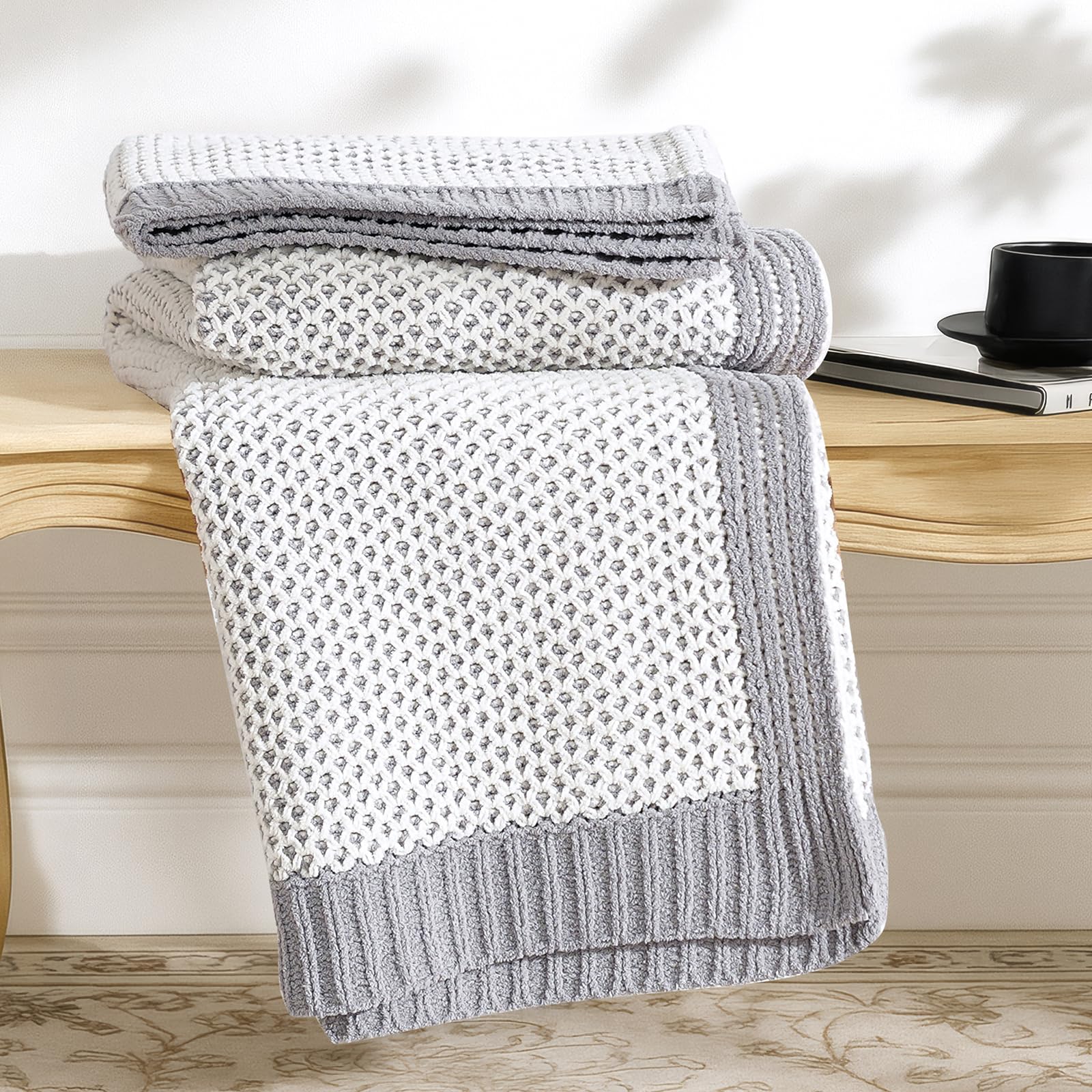 Amélie Home Chunky Knit Throw Blanket, Dual-Sided Soft Chenille Breathable Cable Knitted Blanket for Couch, Farmhouse Decorative Throw for Sofa & Chair, 50"x60", Sage Green