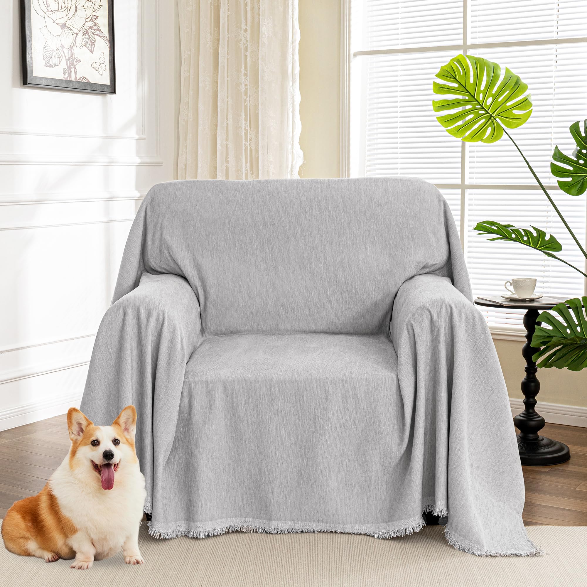 MYSKY HOME Couch Cover for Pets, Beige Couch Covers for 2 Cushion Couch Sofa, Sofa Slipcover Sectional L Shape Chenille Covers for Pets, Throw Couch for Dogs, Kids,71" X118"