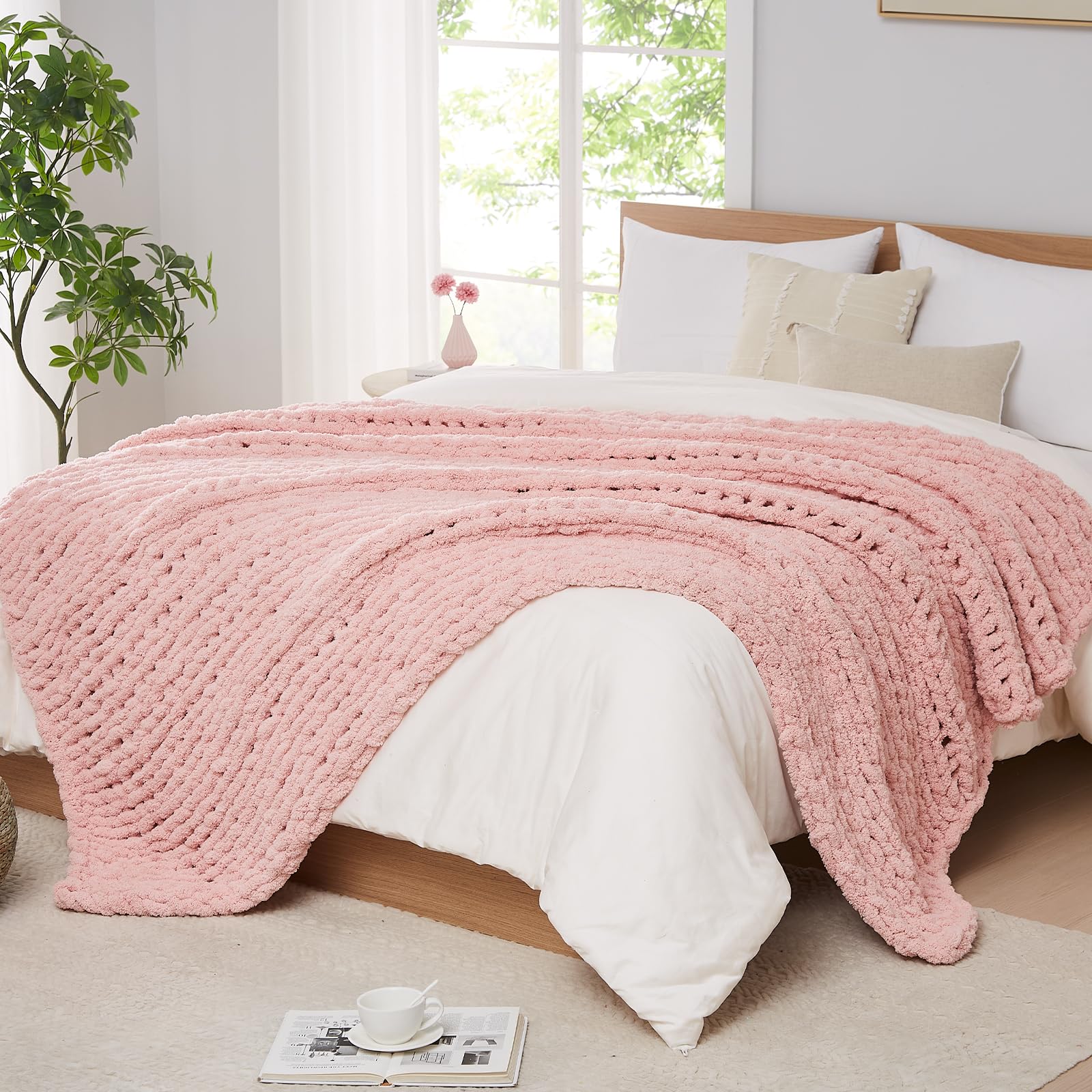 L'AGRATY Chunky Knit Blanket Throw,Soft Chenille Yarn Throw Blanket 50x60，Handmade Cable Knit Crochet Blanket,Large Knit Blankets Chunky Yarn,Rope Knot Throw Blanket for Couch Sofa Bed Home Decor