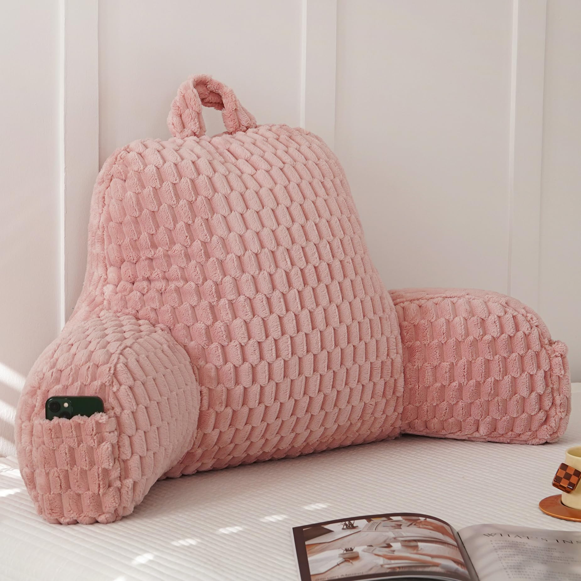 Fluffy Reading Pillow for Sitting in Bed, Large Backrest Bed Pillow with Arms, Back Support Pillow for Lounging Bedrest, Beige