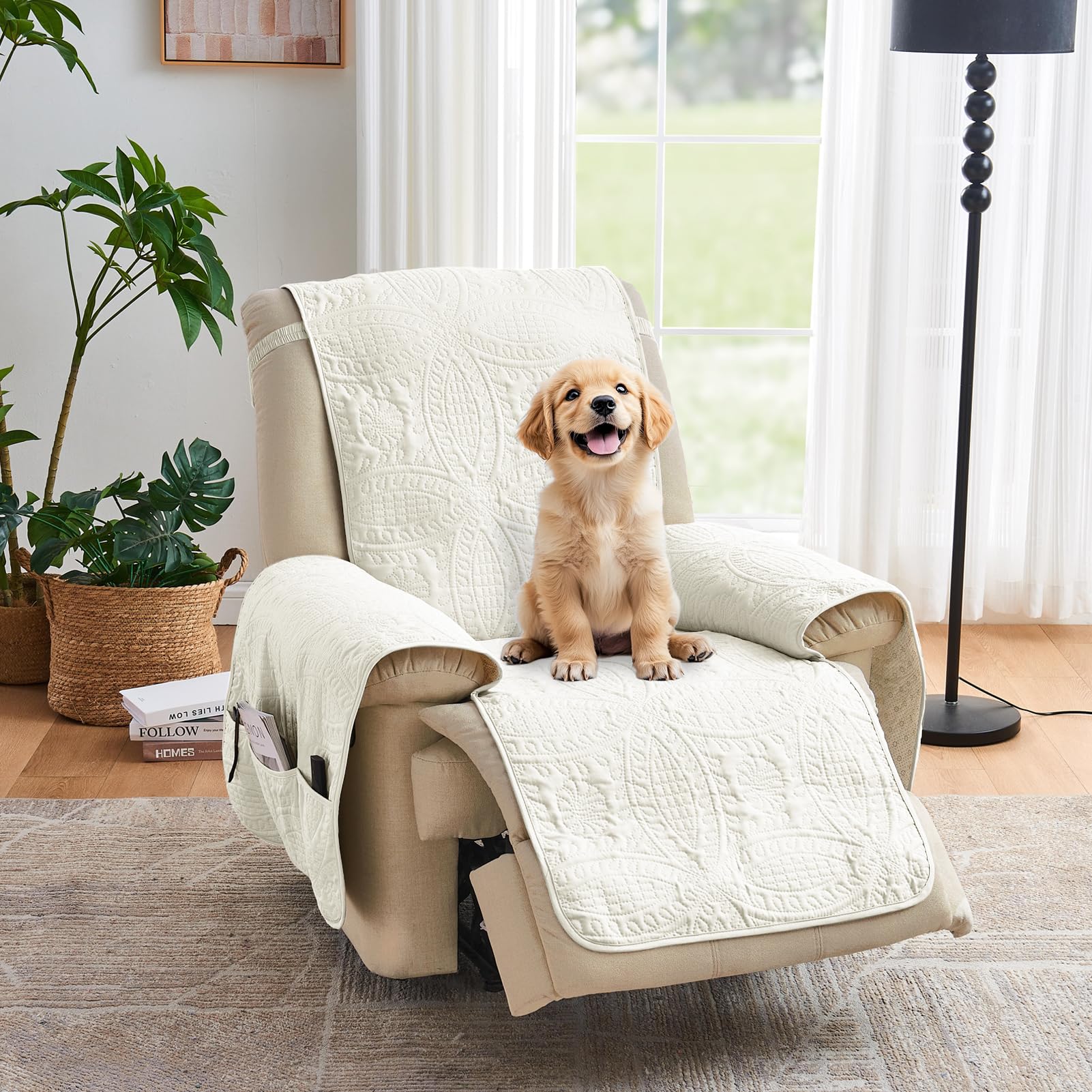 Quilted Sofa Slipcovers with Pockets, Anti-Slip Medallion Designed Couch Covers for 3 Cushion Sofa, Couch Cover for Dogs Cats Water-Repellent Machine Washable (Large Sofa 68", Ivory White)