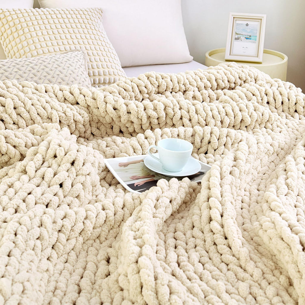 51"×63" Ivory Hand Knit Chenille Chunky Knit Throw Blanket for Sofa Decor