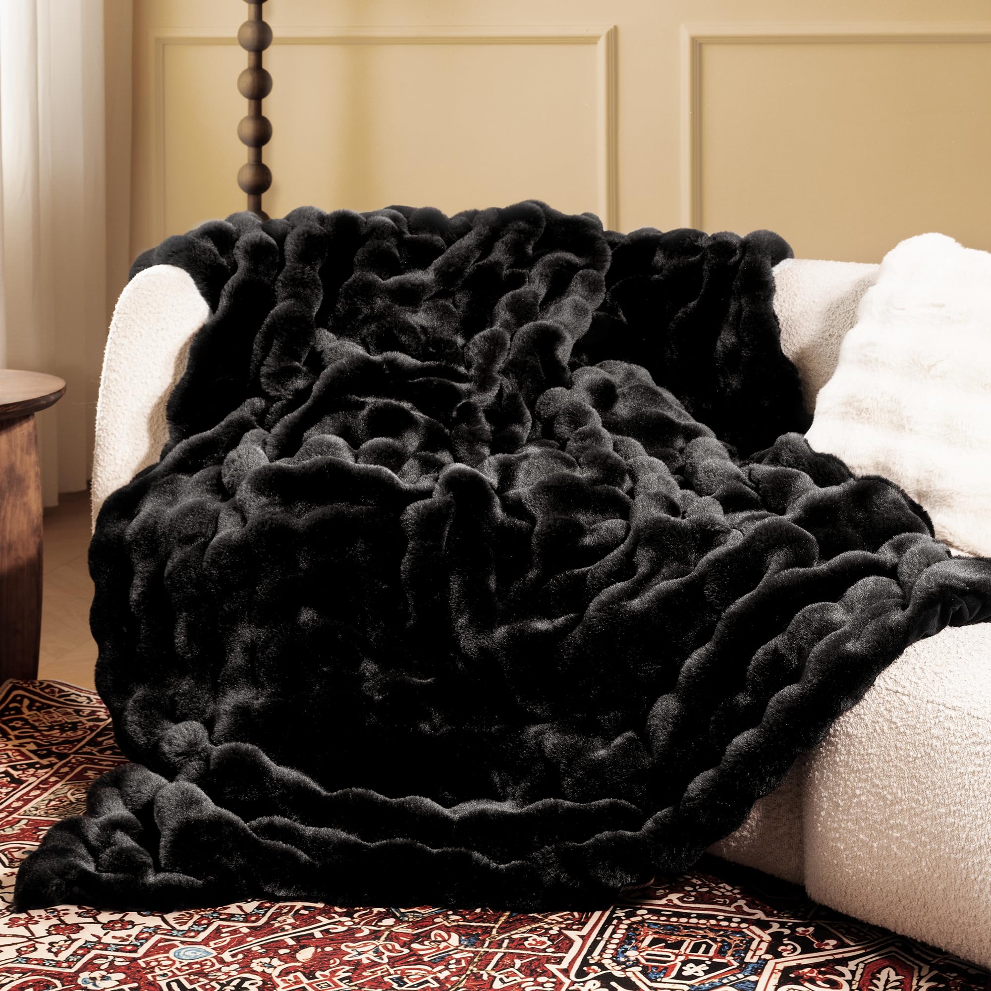Ultra Soft Cozy Faux Fur Throw Blanket, Fuzzy Plush Thick Bubble Blanket, Luxury Fluffy Blanket for Couch, Sofa, Bedroom, and Living Room, 50x60 Inches, Cream White