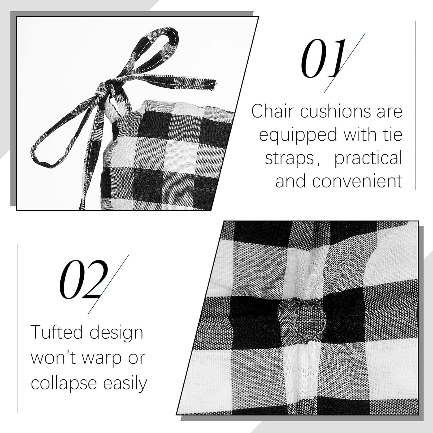 Geetery 4 Pack Chair Cushions for Dining Chairs, 16" x 15" Black and White Kitchen Chair Cushions with Ties Buffalo Plaid Soft Comfy Seat Pads for Home Office Living Room Outdoor Indoor
