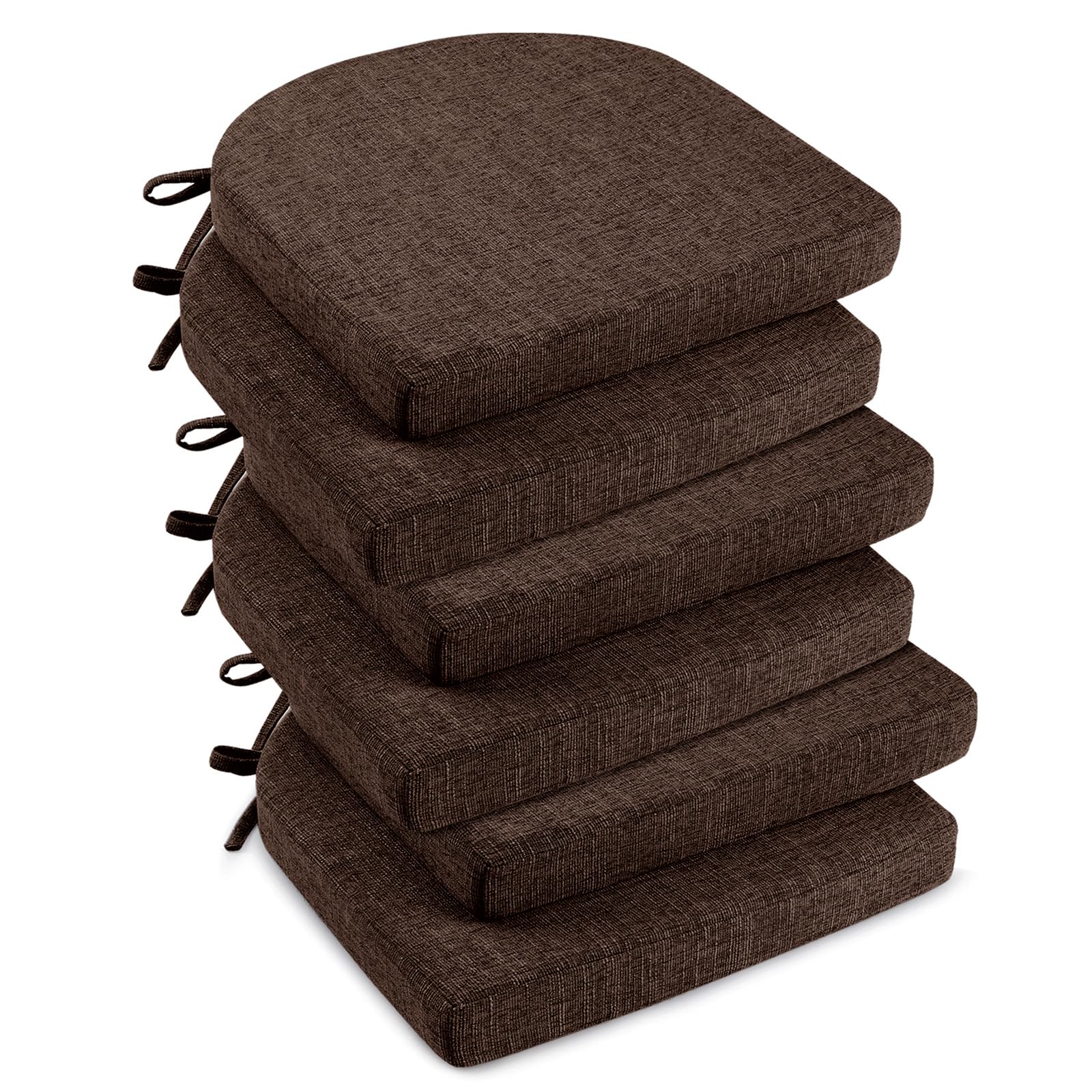 downluxe Indoor Chair Cushions for Dining Chairs, Soft and Comfortable Textured Foam Kitchen Chair Pads with Ties and Non-Slip Backing, 16" x 16" x 2", Brown, 4 Pack