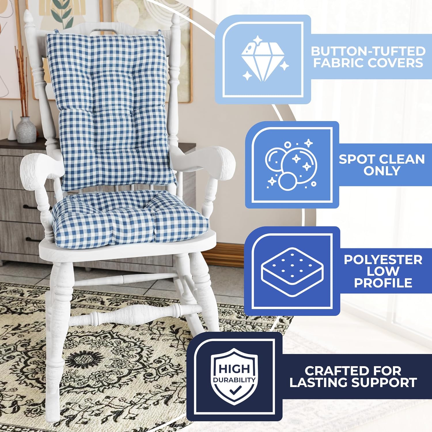 Klear Vu The Gripper Non-Slip Rocking Chair Cushion Set with Thick Padding, Includes Seat Pad & Back Pillow with Ties for Indoor Living Room Rocker, 17x17 Inches, 2 Piece Set, Wedgewood