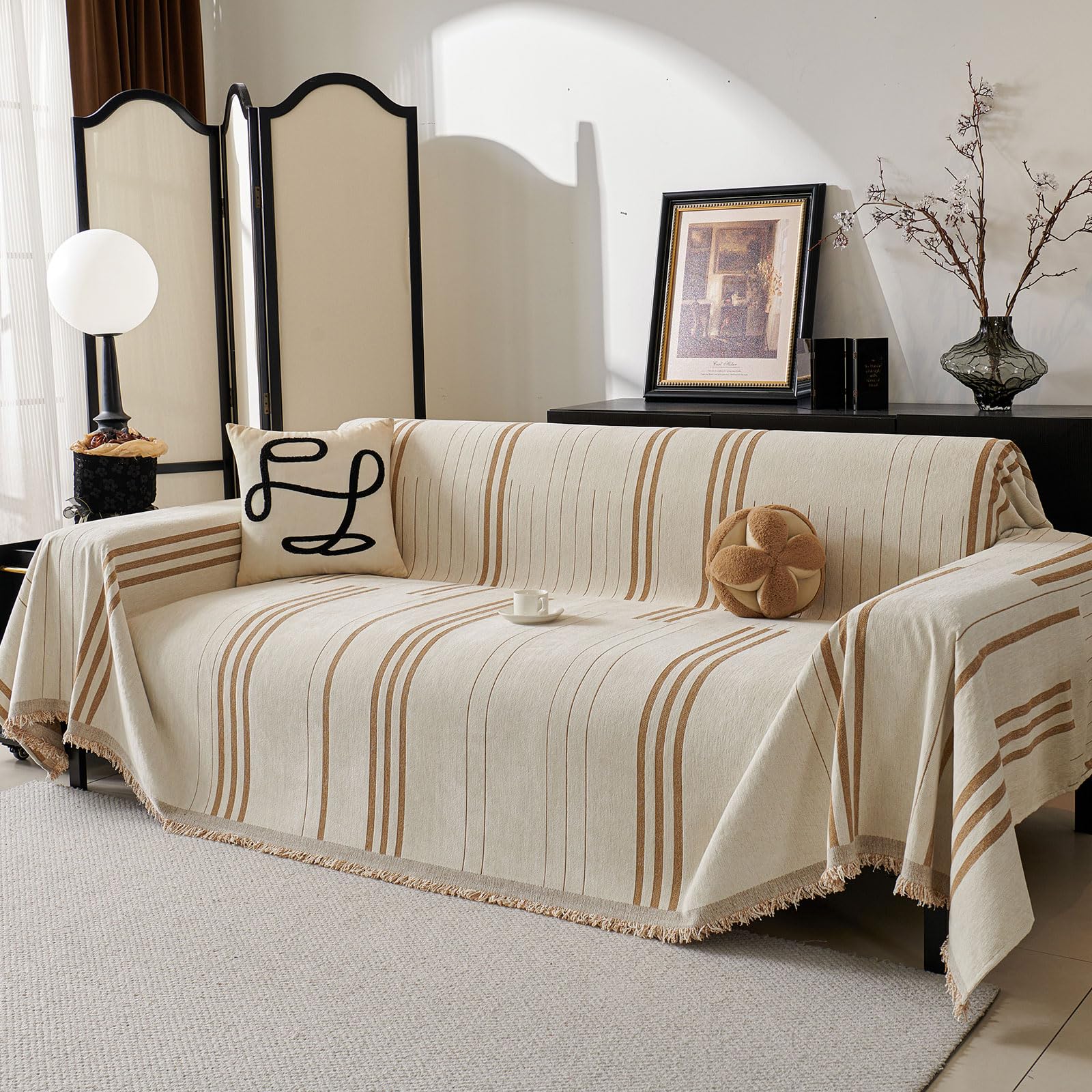 Boho Couch Covers for Sofa Washable Sofa Covers for 3 Cushion Couch Soft Non Slip Couch Covers for Sectional Sofa Dog Pet Furniture Protector (Light Gray, 91"*134")