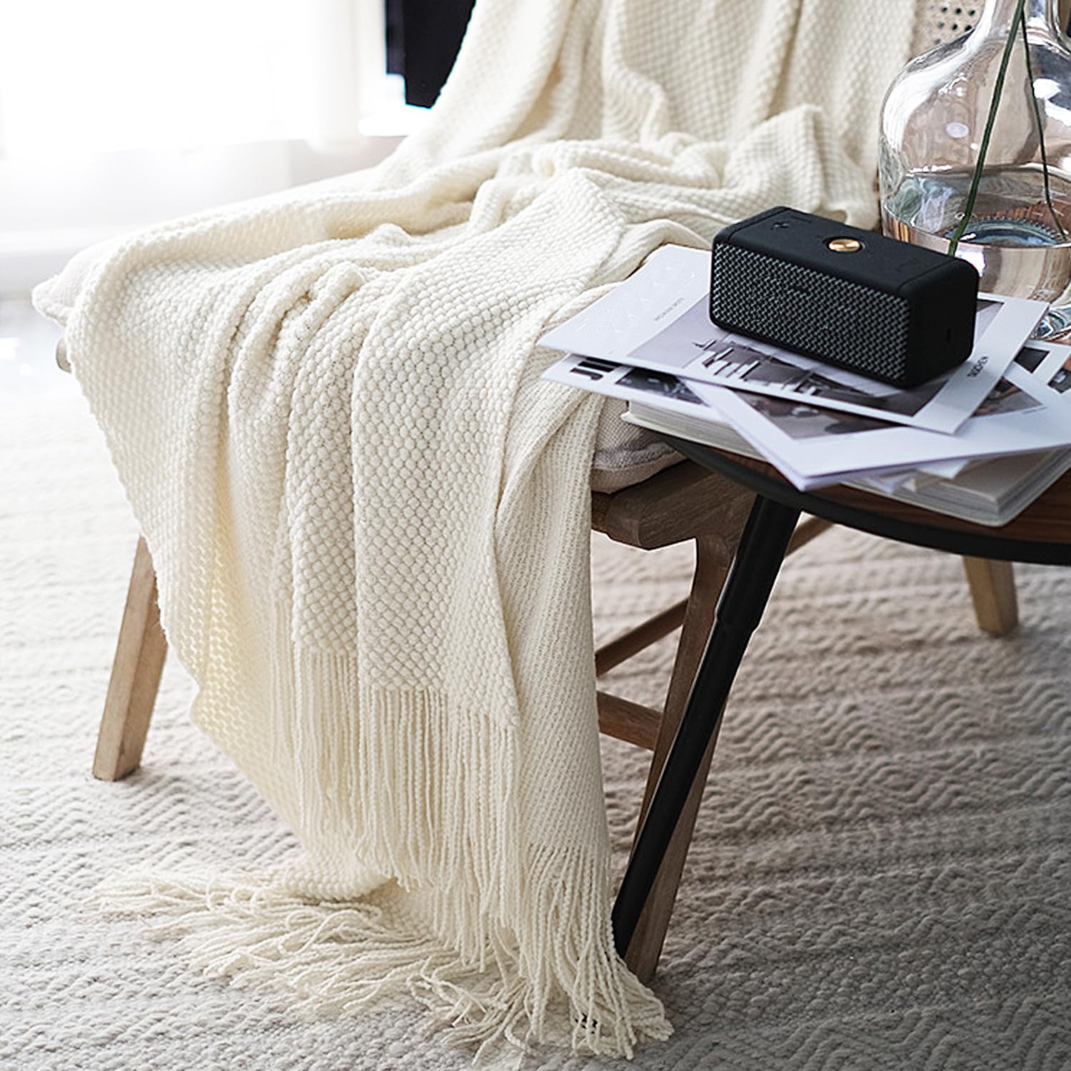 LOMAO Knitted Throw Blanket with Tassels Bubble Textured Lightweight Throws for Couch Cover Home Decor (Cream, 60x80)