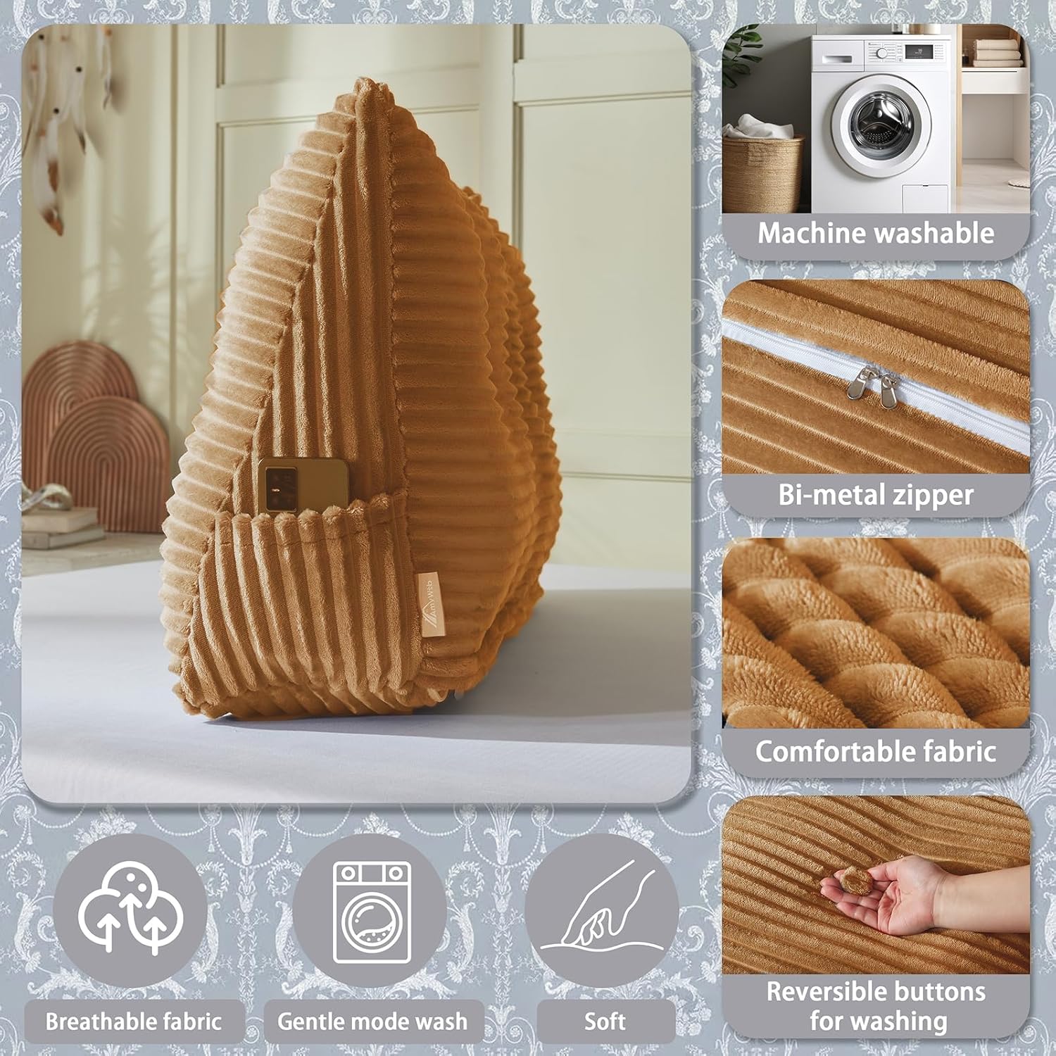 Headboard Wedge Pillow + A Long Neck Roll Pillow Body Pillow，Large Headboard Pillow with Removable Cover (Brown, King：76x8x20 inches)