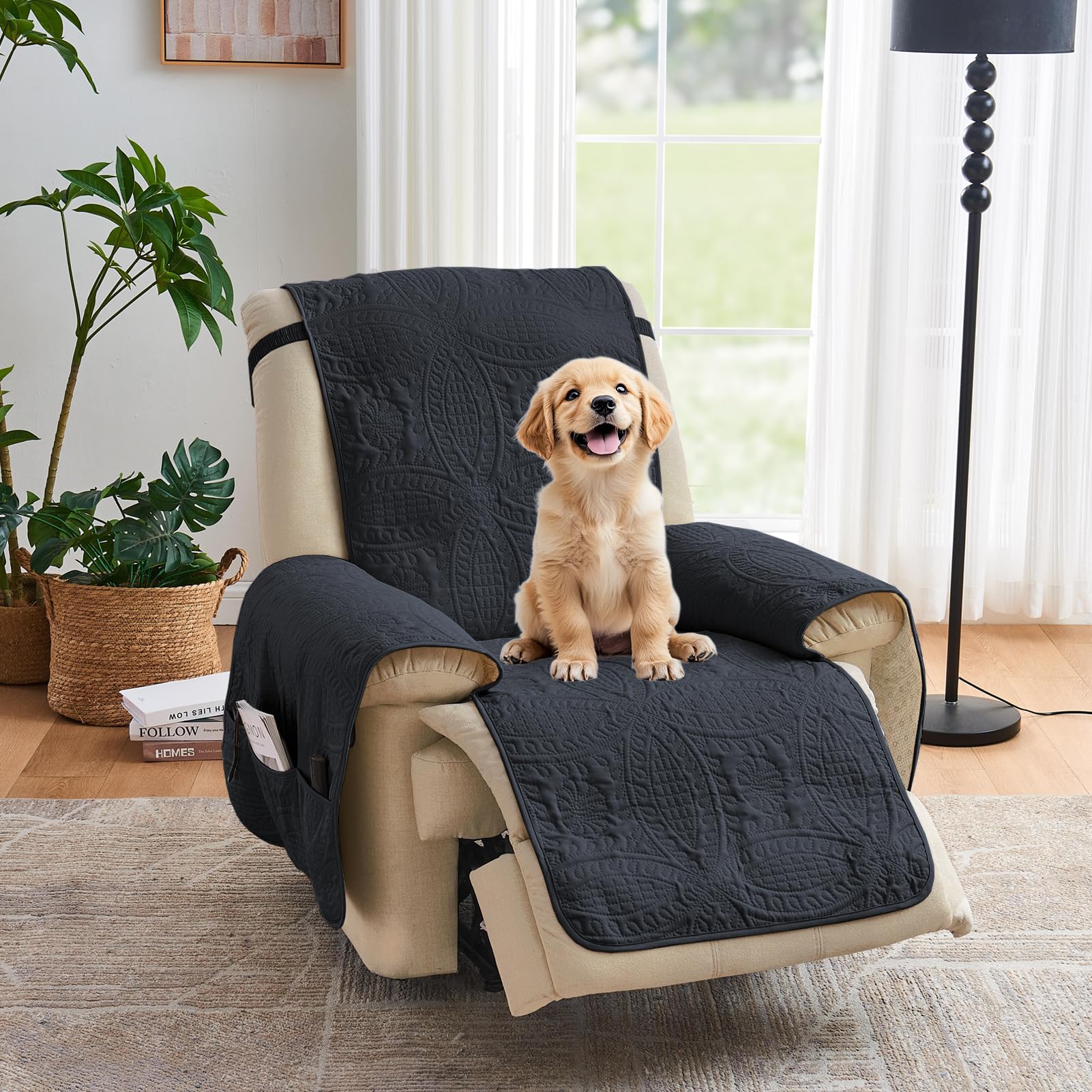 Quilted Sofa Slipcovers with Pockets, Anti-Slip Medallion Designed Couch Covers for 3 Cushion Sofa, Couch Cover for Dogs Cats Water-Repellent Machine Washable (Large Sofa 68", Ivory White)