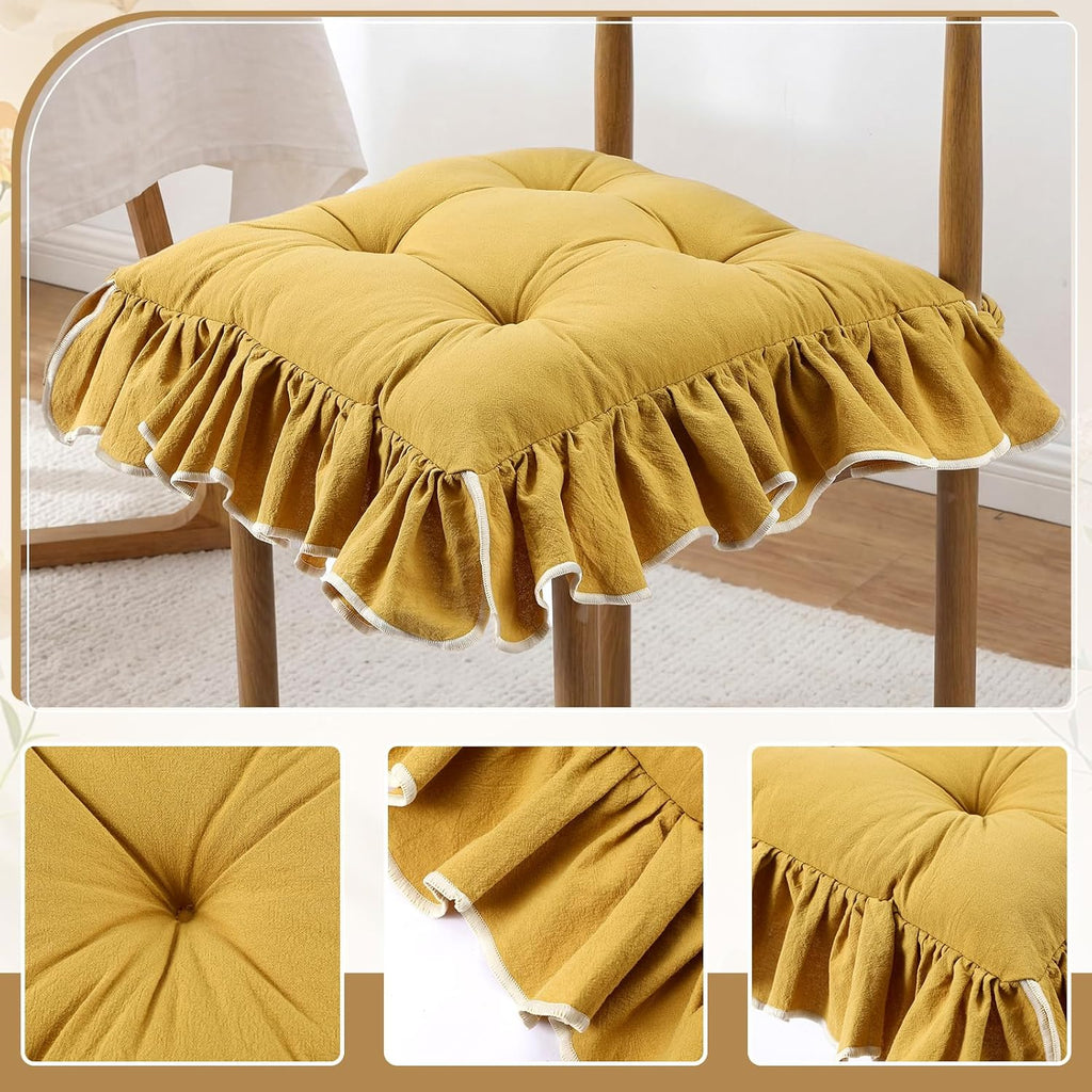 Wenqik 4-Pack Ruffled Chair Cushions with Ties, 16"x16" Turmeric Cotton Fabric Non-Slip Seat Pads for Dining Chairs, Farmhouse Kitchen, Office, and Wooden Chairs