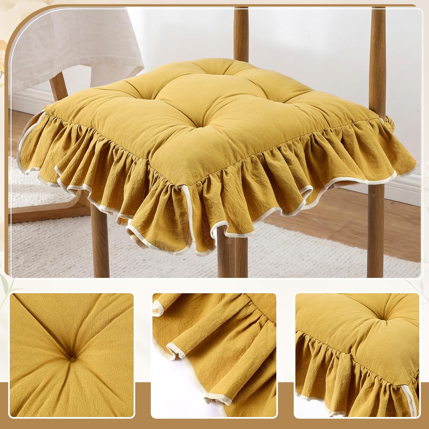 Wenqik 4-Pack Ruffled Chair Cushions with Ties, 16"x16" Turmeric Cotton Fabric Non-Slip Seat Pads for Dining Chairs, Farmhouse Kitchen, Office, and Wooden Chairs
