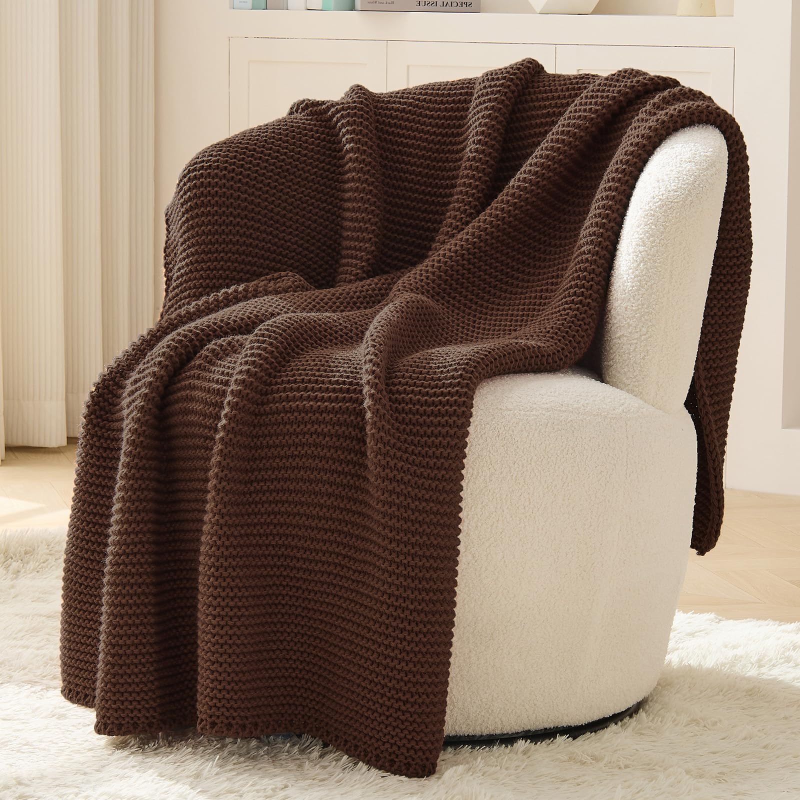 Dark Brown Throw Blanket for Couch, Brown Knit Throw Blanket, Soft Cozy Stretchy Reversible Garter Knitted Blankets for Bed, 50"x60", Dark Brown