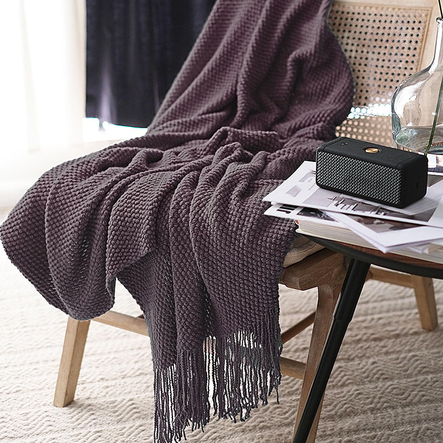 LOMAO Knitted Throw Blanket with Tassels Bubble Textured Lightweight Throws for Couch Cover Home Decor (Cream, 60x80)
