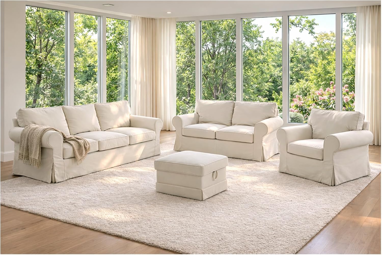 Heavy Duty Polyester Sofa Cover Only Replacement Compatible with IKEA Ektorp 3 Seat Sofa, Loveseat, Armchair, Sectional Corner, Chaise or Footstool Ektorp Slipcover (Beige Flax Polyester 3)