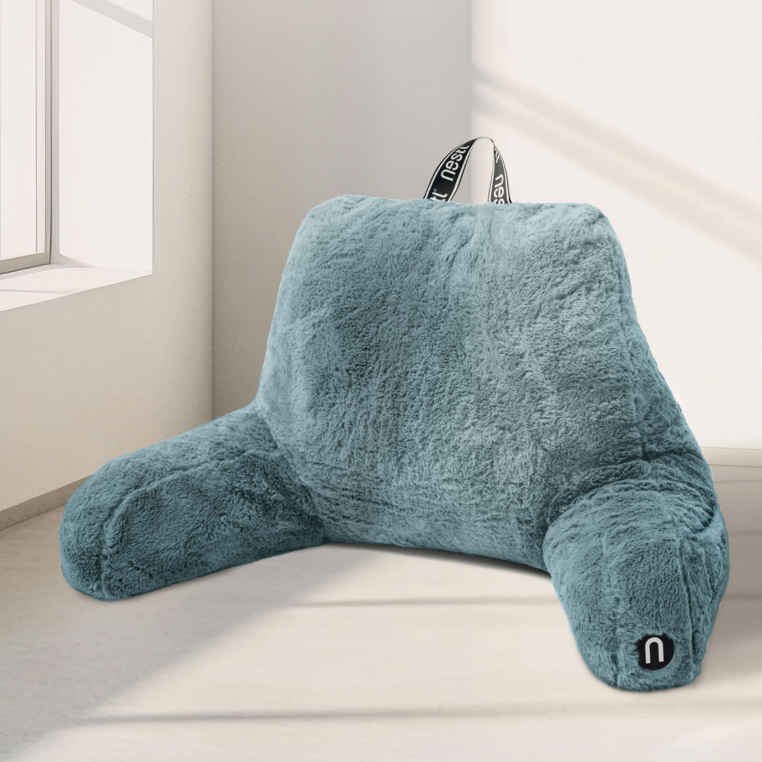 Nestl Fur Reading Pillow, Stylish Back Pillow for Bed Sitting Up, Faux Fur Bed Chair Pillow with Arms, Reading Pillows for Sitting in Bed Adult & Kids, Sit Up Back Support Pillow for Bed Rest - Linen