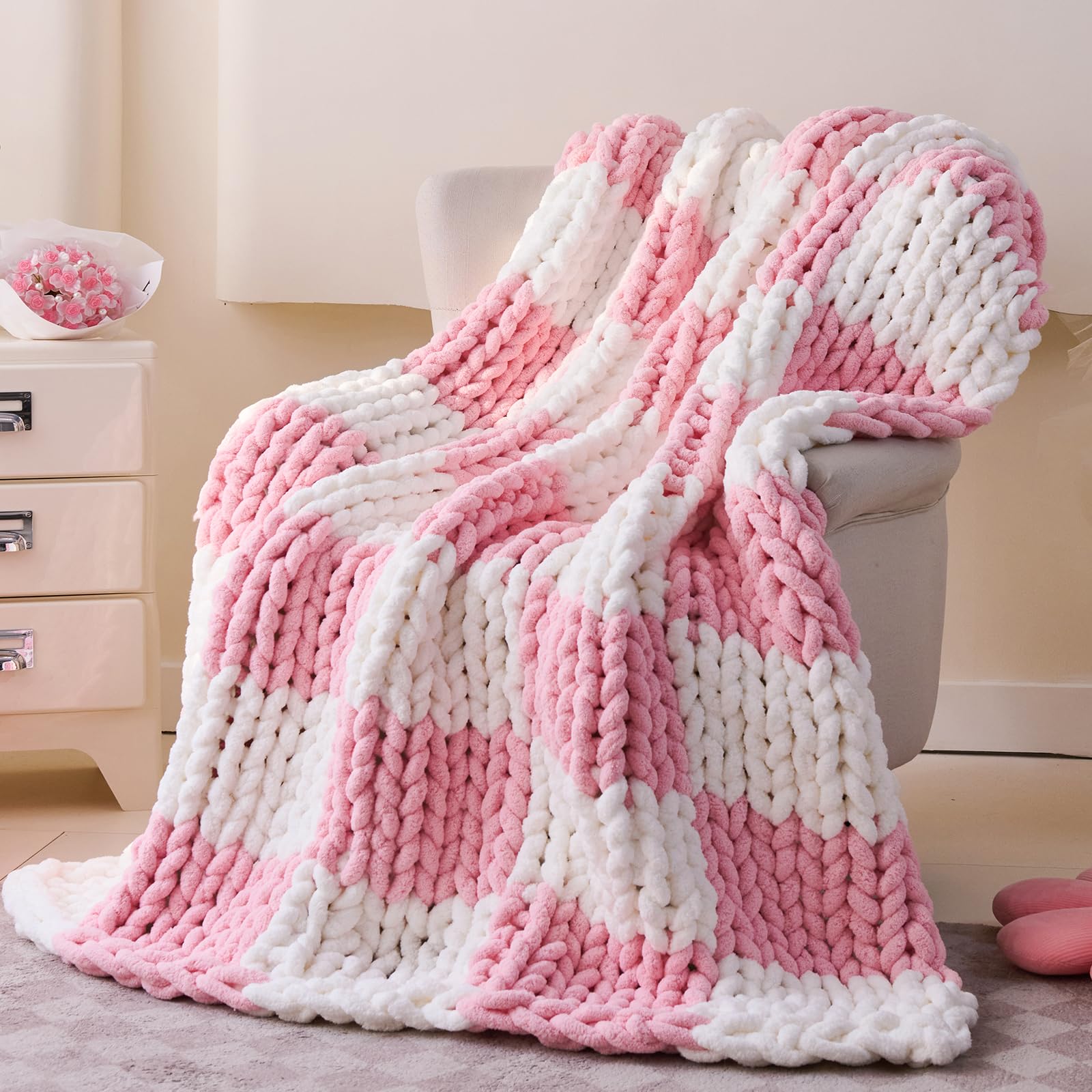 51"×63" Ivory Hand Knit Chenille Chunky Knit Throw Blanket for Sofa Decor