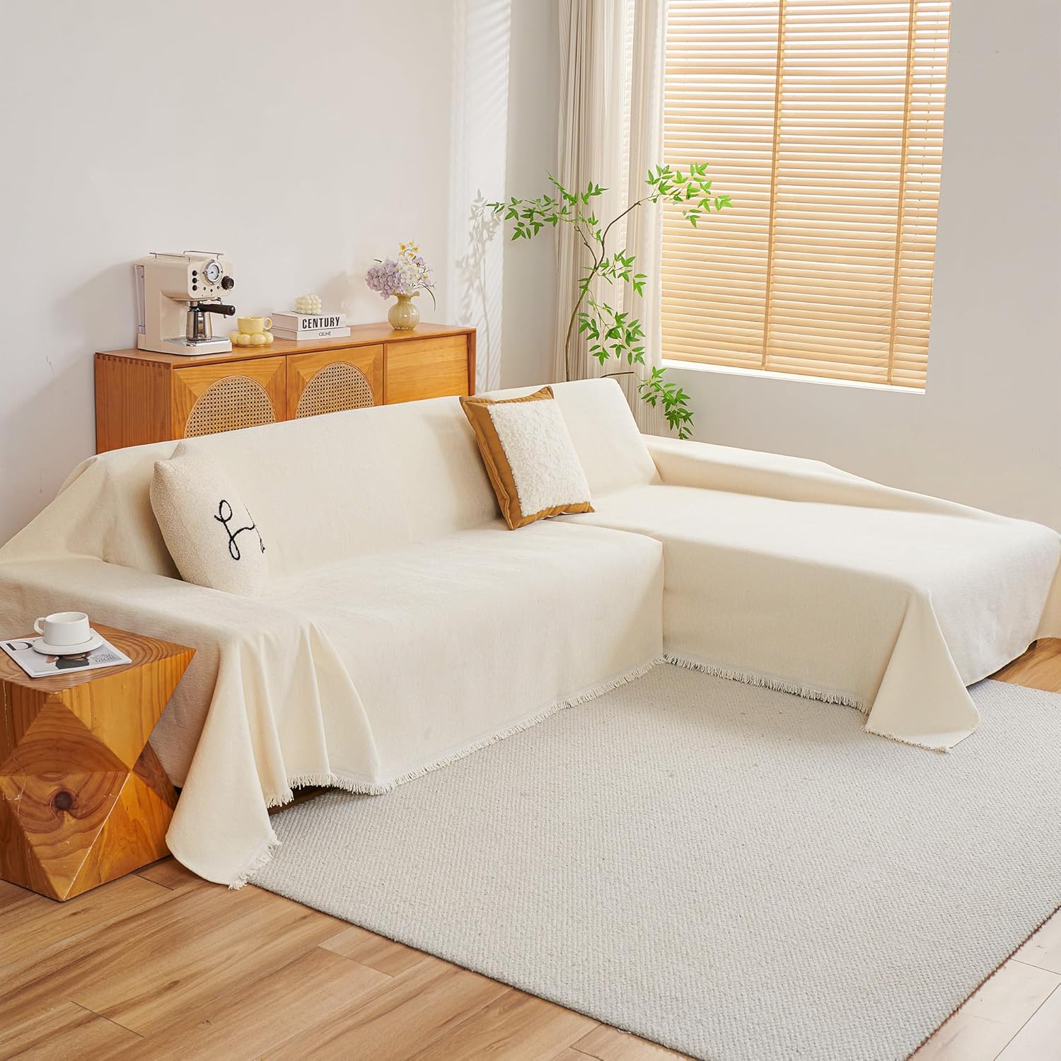 MYSKY HOME Couch Cover for Sectional Sofa, 2 Pieces Chenille Couch Covers for L Shape Sofa Cover, Furniture Protector for Pets, Kids, Sofa Slipcover for 2-3 Cushion Couch (71"x118"+71"x118", Beige)