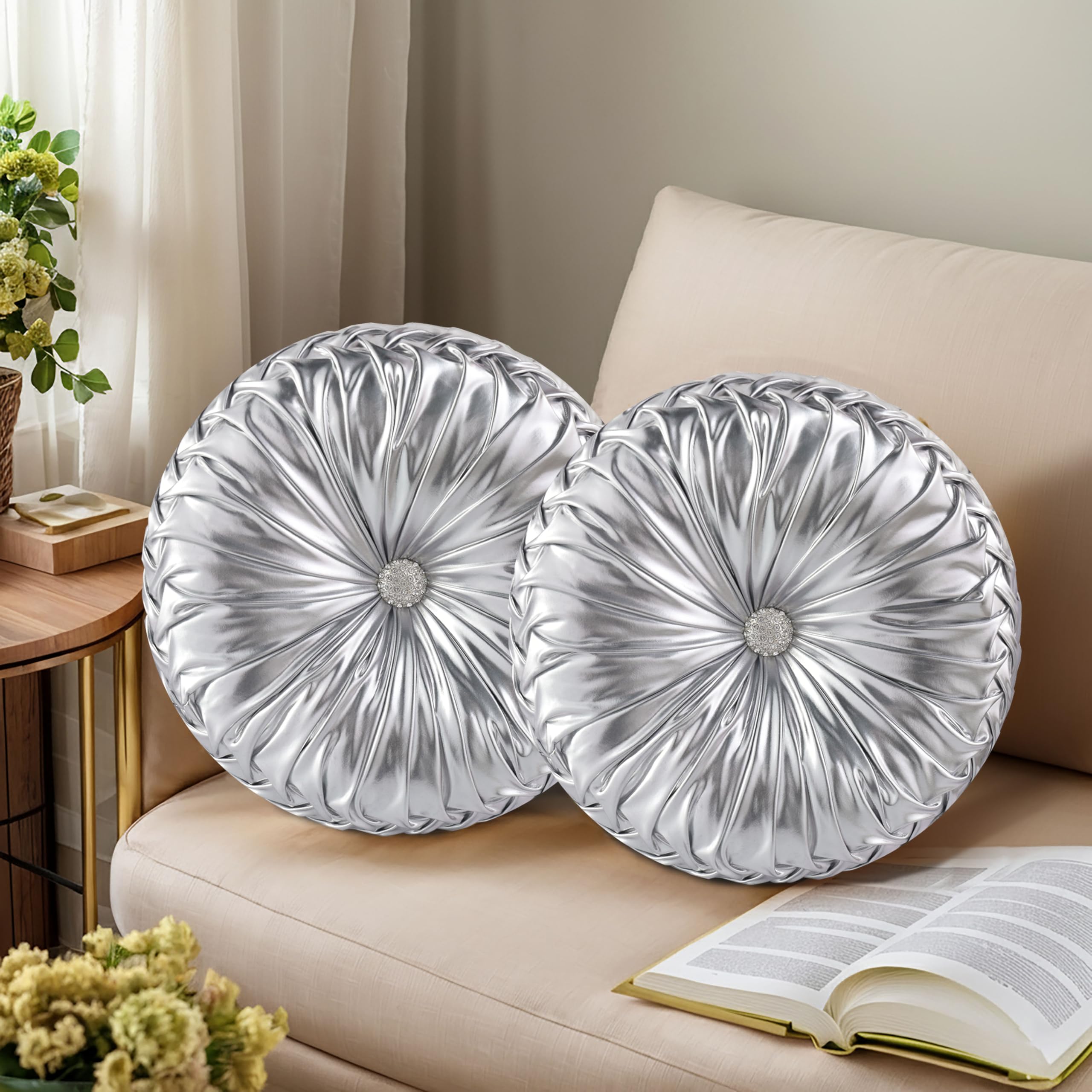 HIG Decorative Round Throw Pillows for Bed Couch -Set of 2 Handcraft Ruched Pumpkin Pillow, Soft and Durable Flannel Floor Pillow for Home Decor, Bed Living Room and Sofa (Dusty Rose,14.5"x14.5")