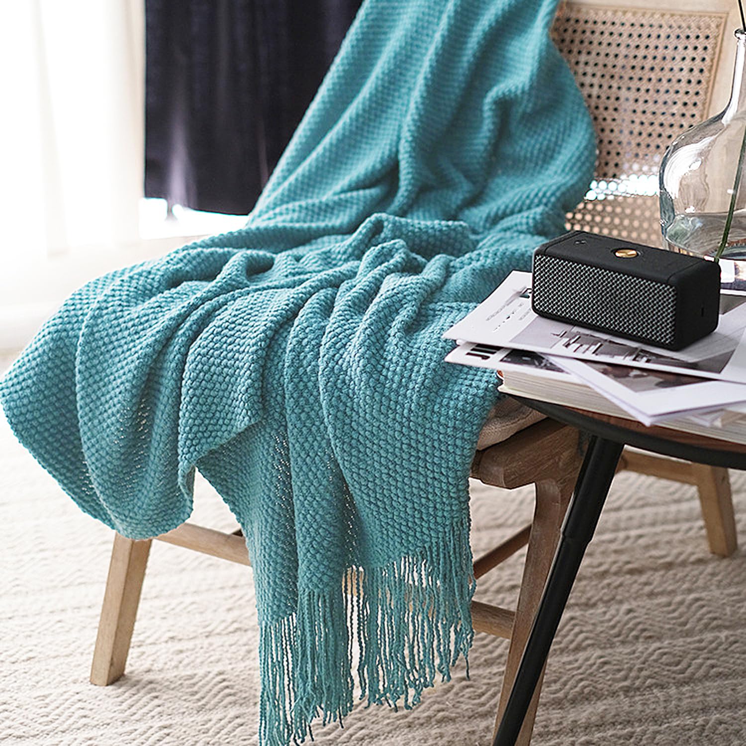 LOMAO Knitted Throw Blanket with Tassels Bubble Textured Lightweight Throws for Couch Cover Home Decor (Cream, 60x80)