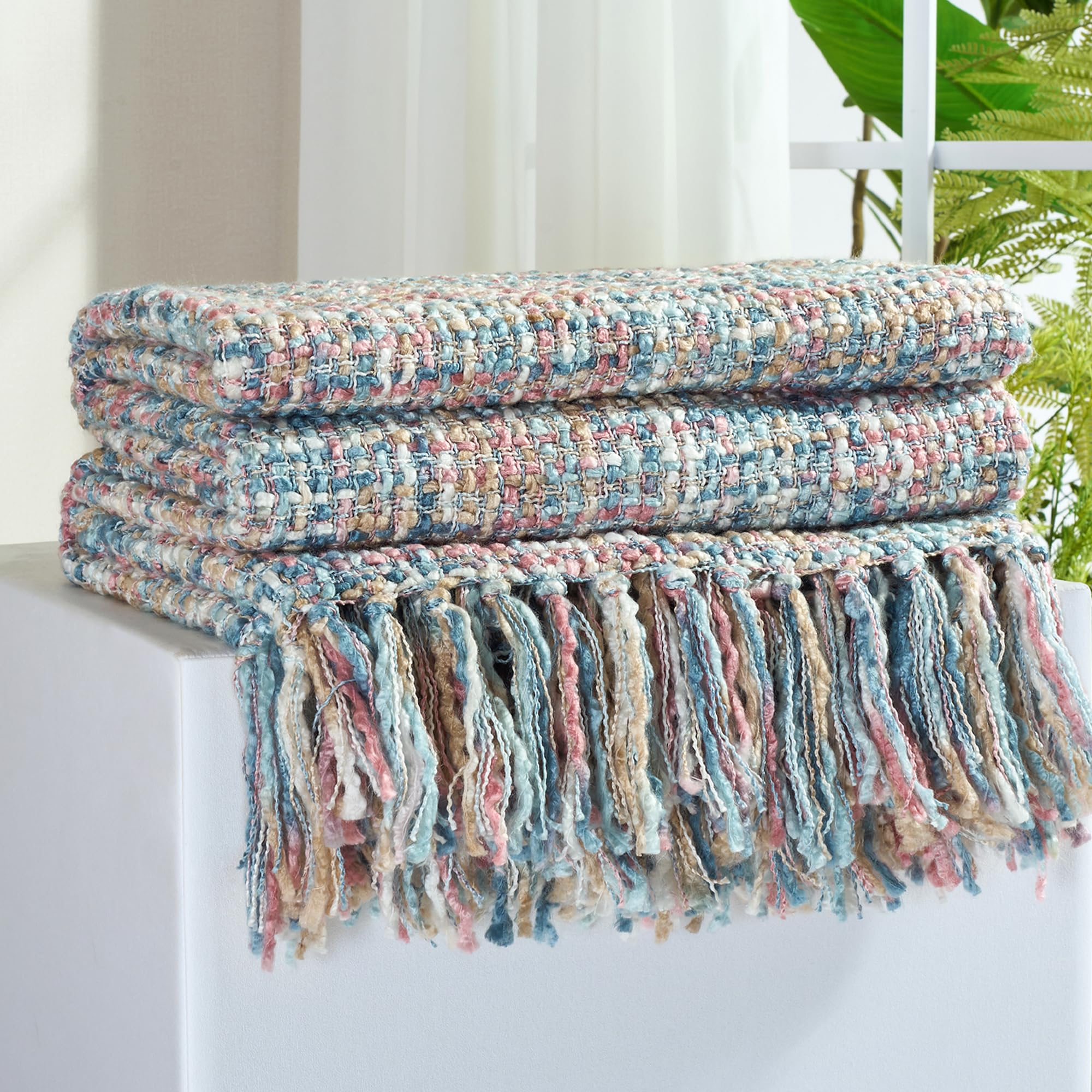 Multi-Color Gold Green Cable Woven Throw Blanket for Couch,50"X60" Boho Style Textured Blankets for Home Decor,Super Soft Warm Cozy Chunky Blanket with Decorative Tassels for Bed