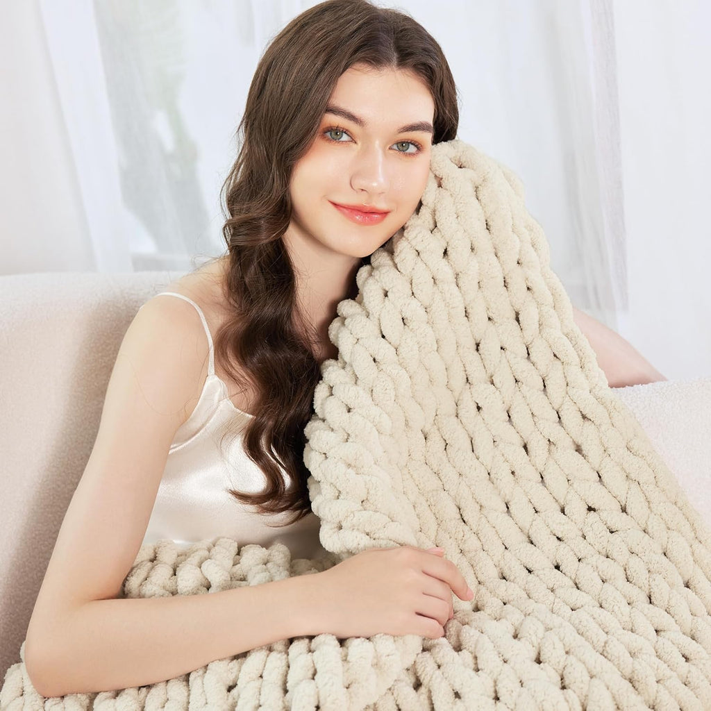 51"×63" Ivory Hand Knit Chenille Chunky Knit Throw Blanket for Sofa Decor