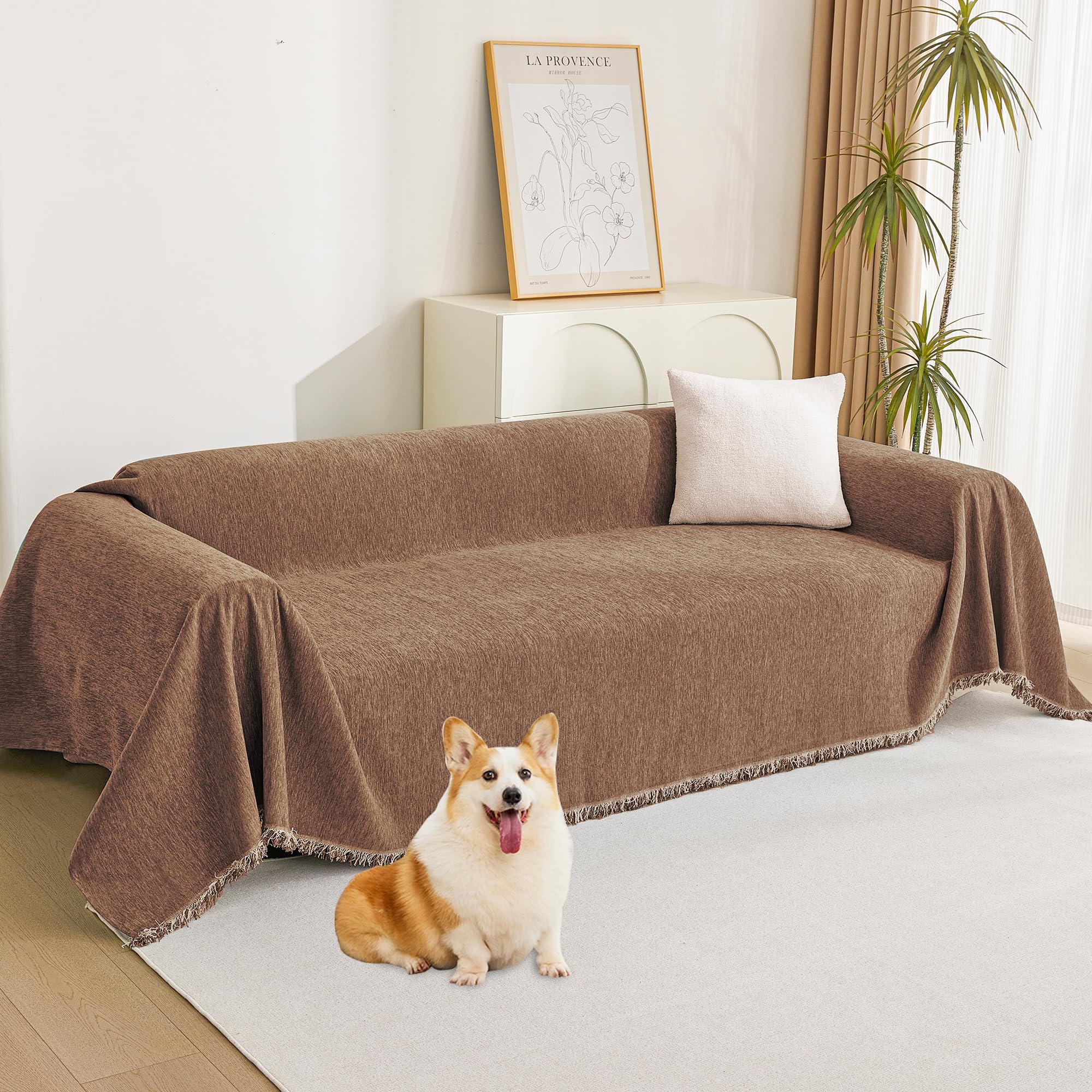 MYSKY HOME Couch Cover for Pets, Beige Couch Covers for 2 Cushion Couch Sofa, Sofa Slipcover Sectional L Shape Chenille Covers for Pets, Throw Couch for Dogs, Kids,71" X118"