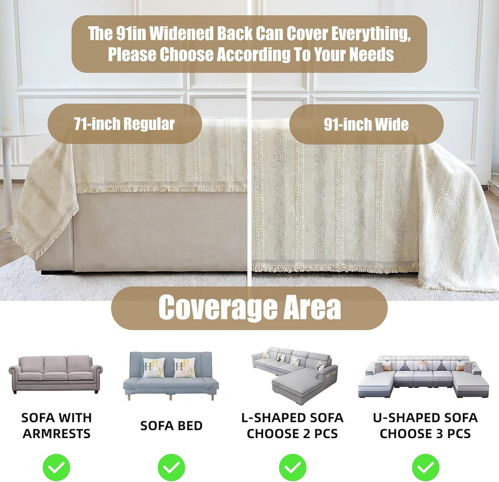 Washable Non-Slip Striped Dog Sofa Cover for 2-Seat Couch, Beige 71×118