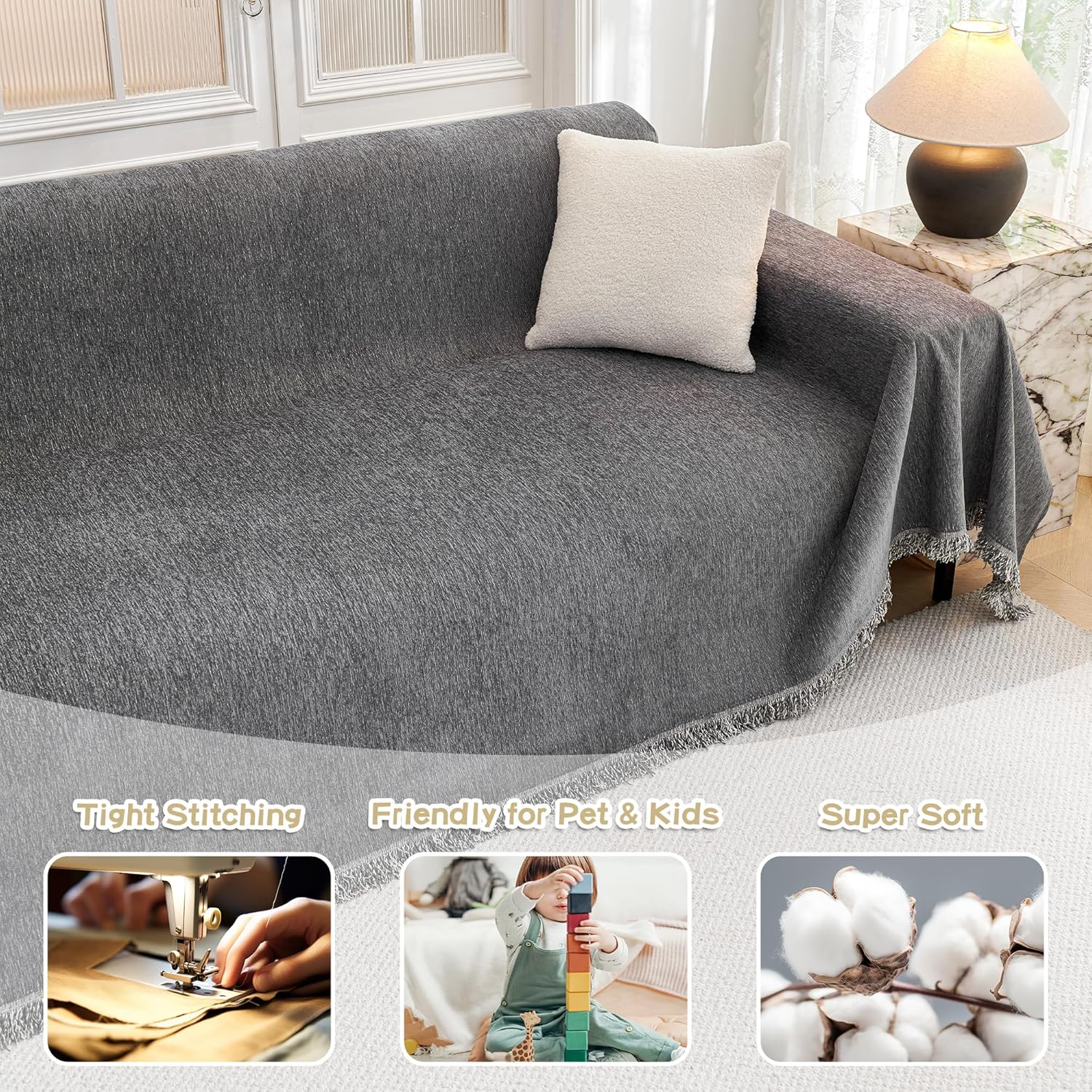 MYSKY HOME Couch Cover for Dogs, Washable Couch Covers, Non Slip Sofa Cover, Couch Cover 2 Cushion Sofa Dogs Furniture Protector with Tassels, Chenille Sofa Slipcover for Pets, 71"x118", Dark Grey