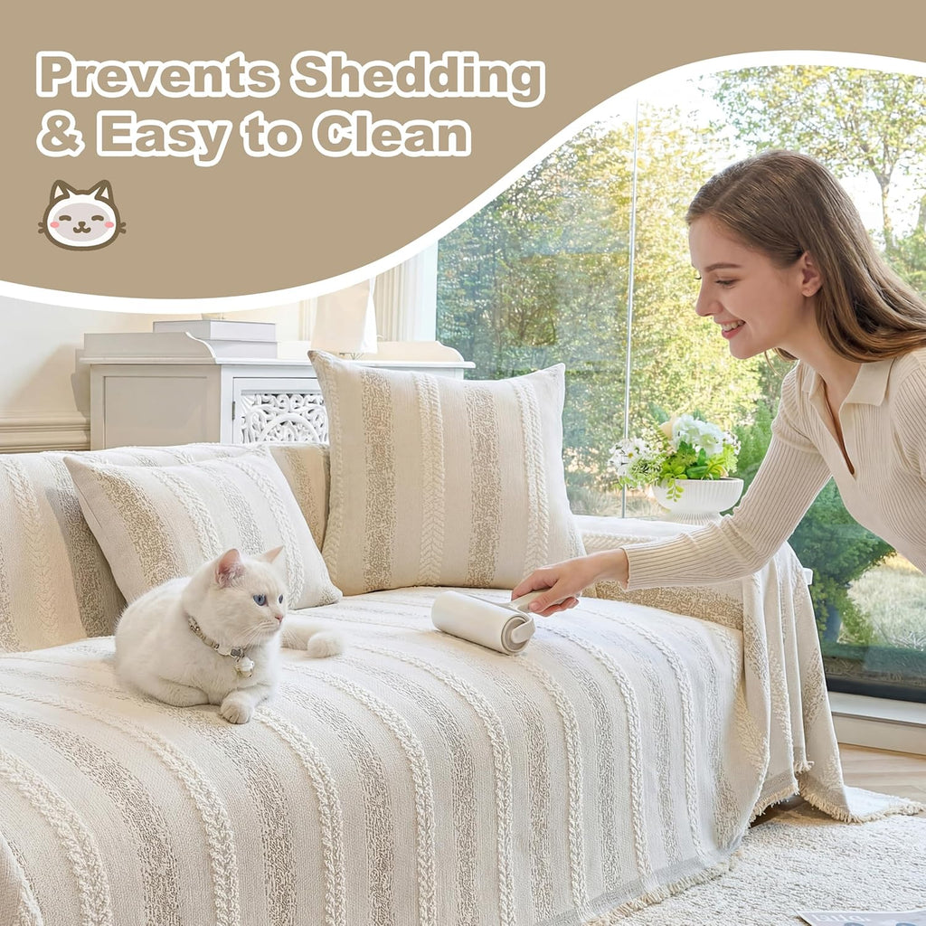 Washable Non-Slip Striped Dog Sofa Cover for 2-Seat Couch, Beige 71×118