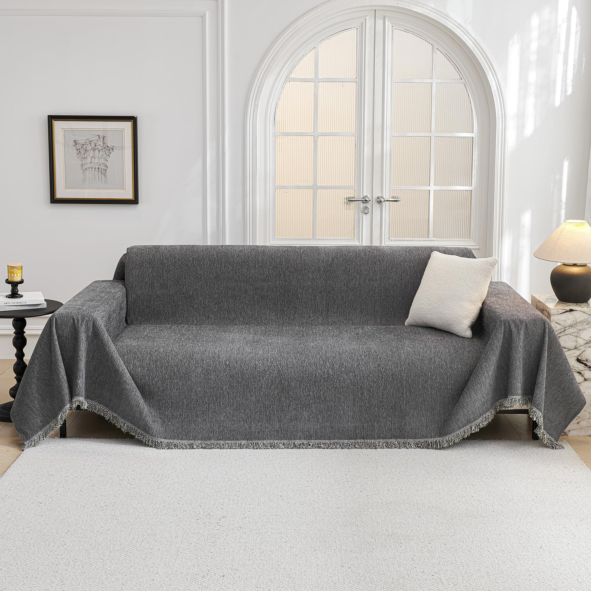MYSKY HOME Couch Cover for Dogs, Washable Couch Covers, Non Slip Sofa Cover, Couch Cover 2 Cushion Sofa Dogs Furniture Protector with Tassels, Chenille Sofa Slipcover for Pets, 71"x118", Dark Grey