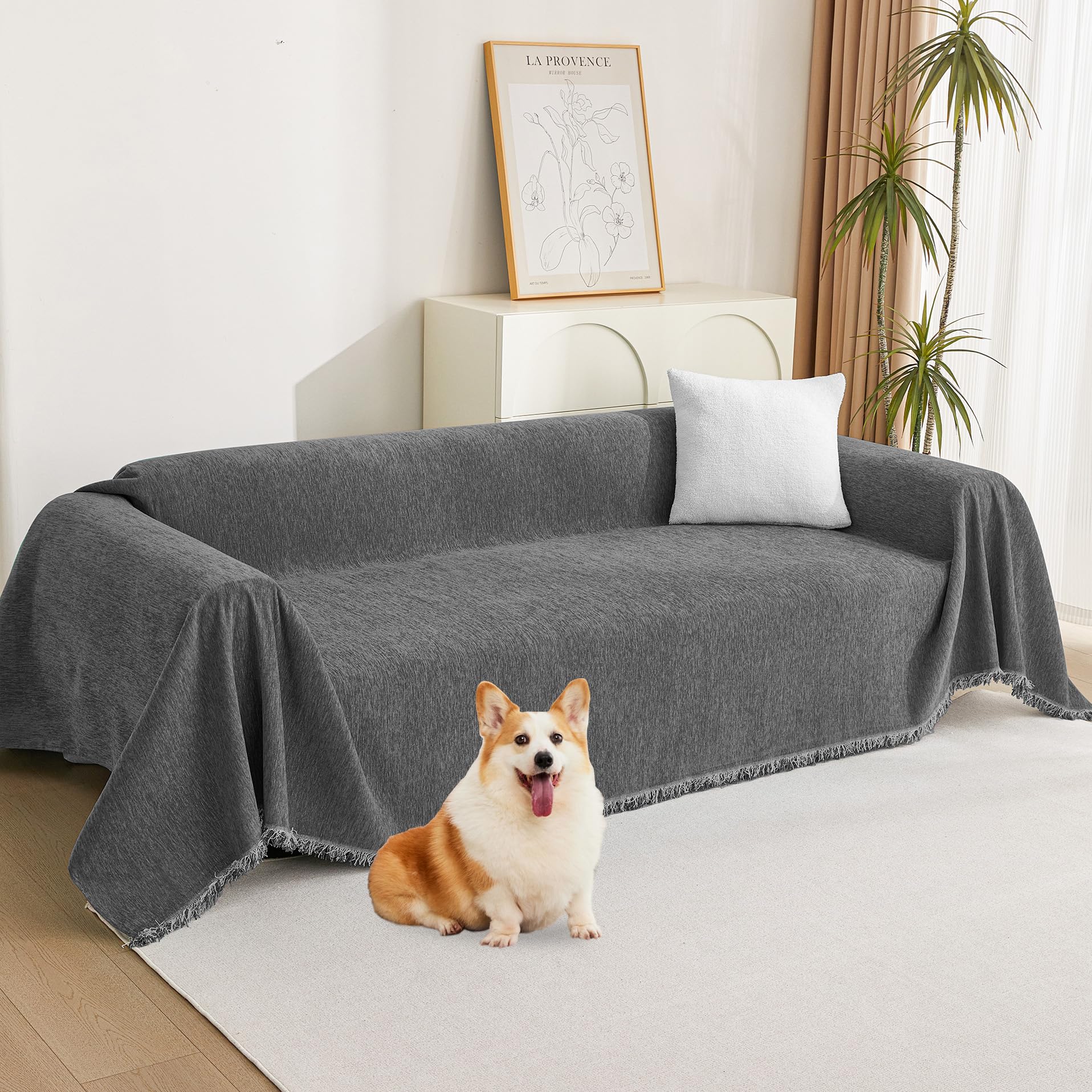 MYSKY HOME Couch Cover for Pets, Beige Couch Covers for 2 Cushion Couch Sofa, Sofa Slipcover Sectional L Shape Chenille Covers for Pets, Throw Couch for Dogs, Kids,71" X118"